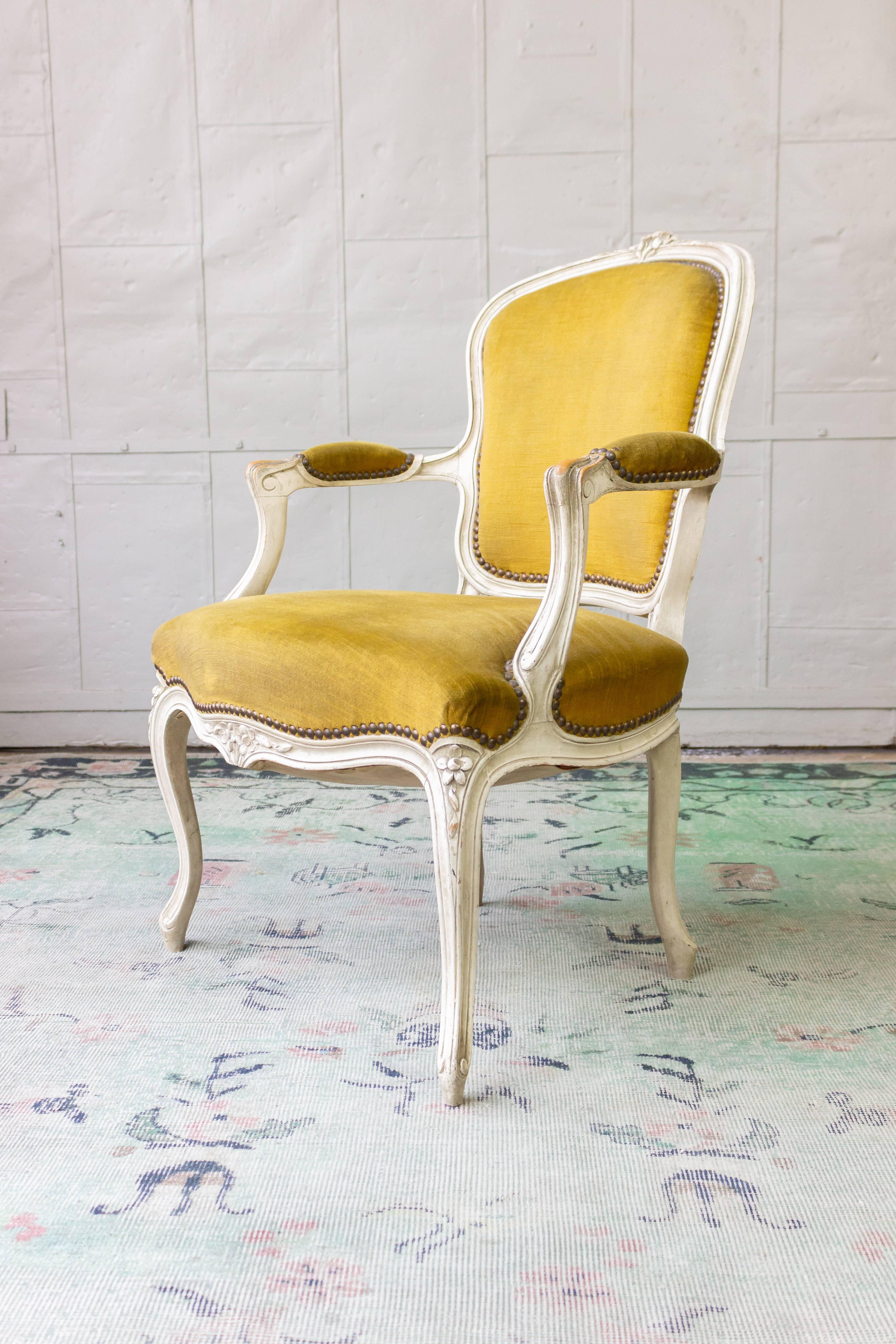 19th Century Louis XV Style Armchair in Gold Velvet