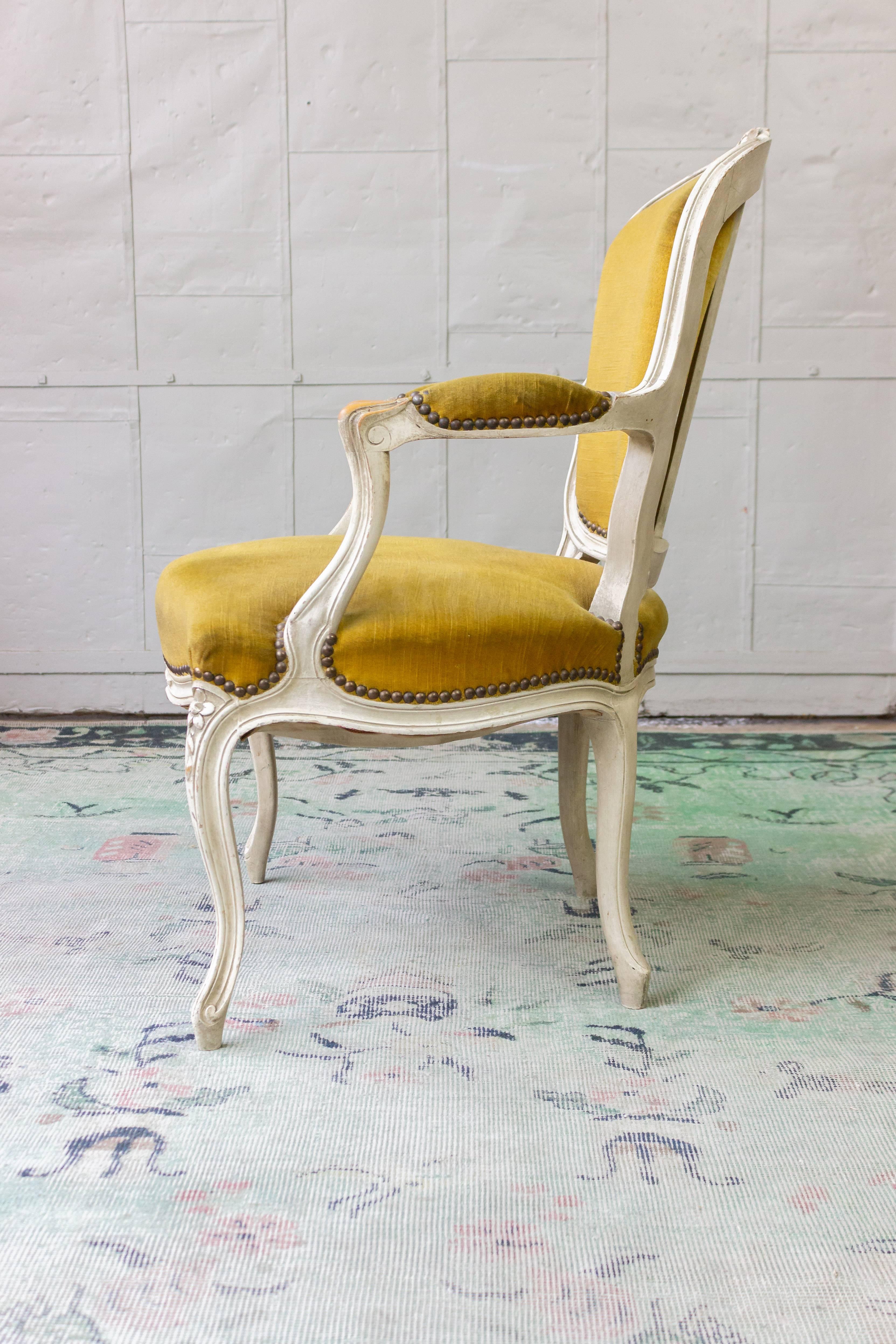 Upholstery Louis XV Style Armchair in Gold Velvet