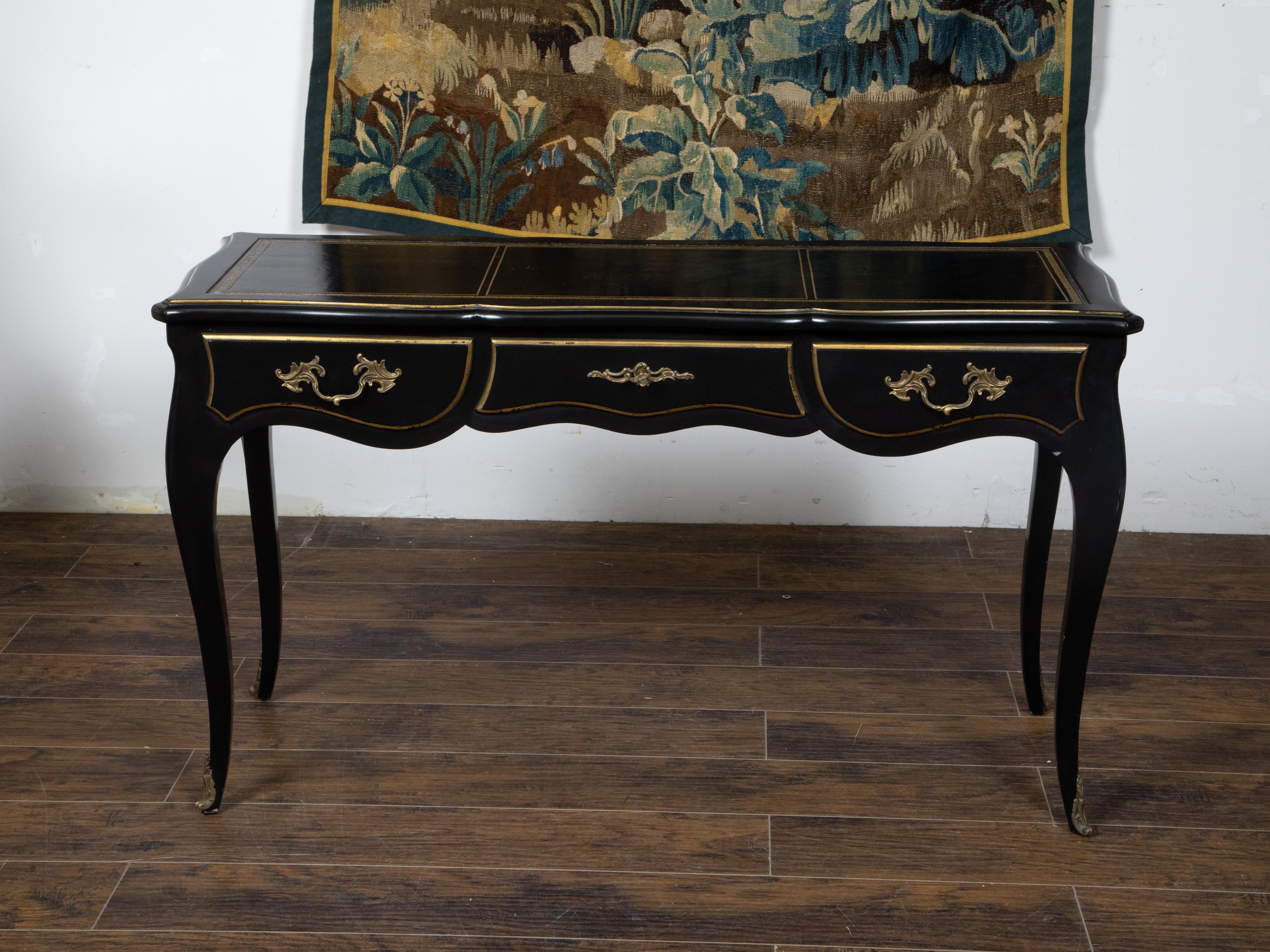 American Louis XV Style Auffray and Co Black Desk with Leather Top and Bronze Mounts For Sale