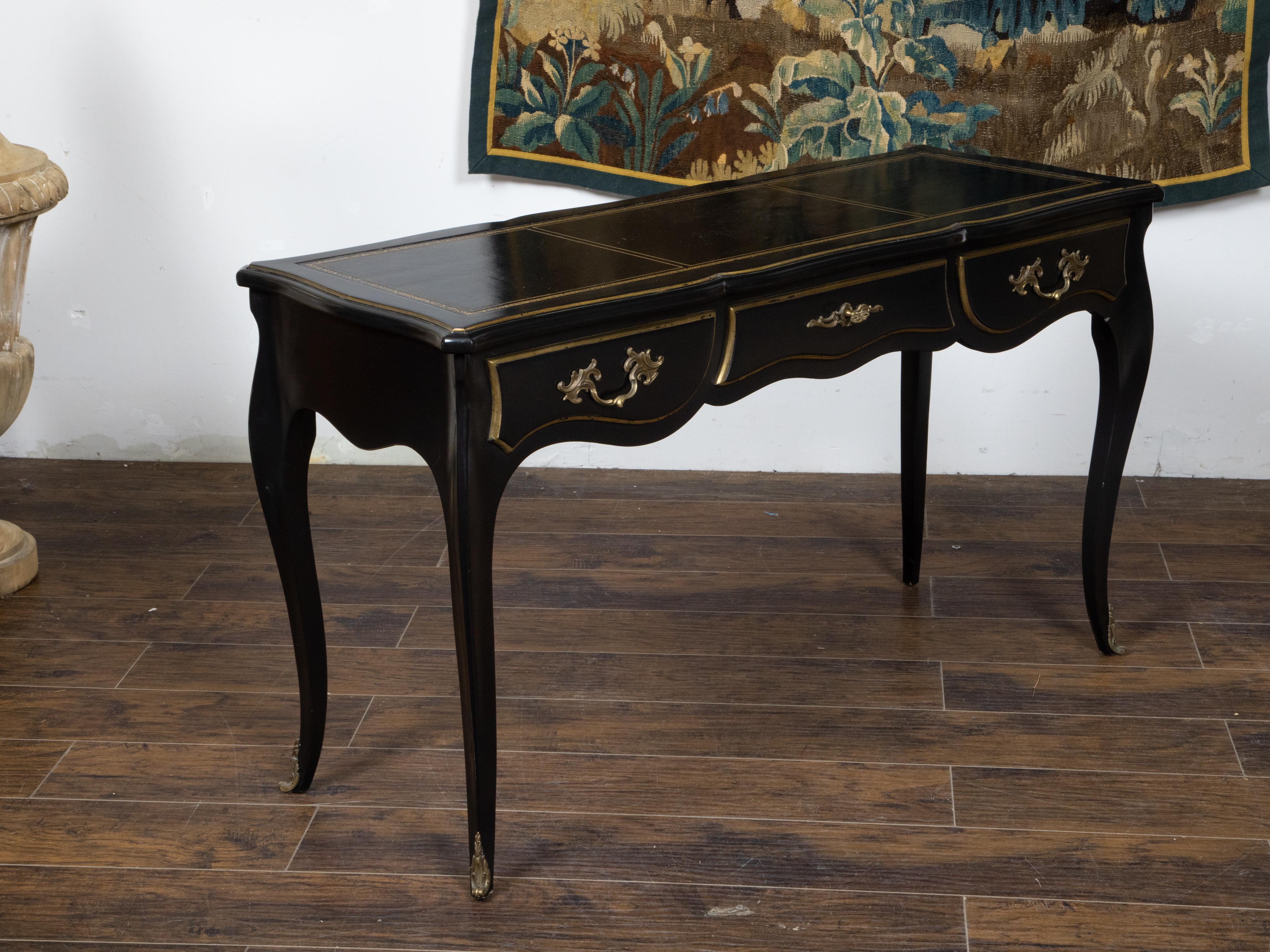 Embossed Louis XV Style Auffray and Co Black Desk with Leather Top and Bronze Mounts For Sale