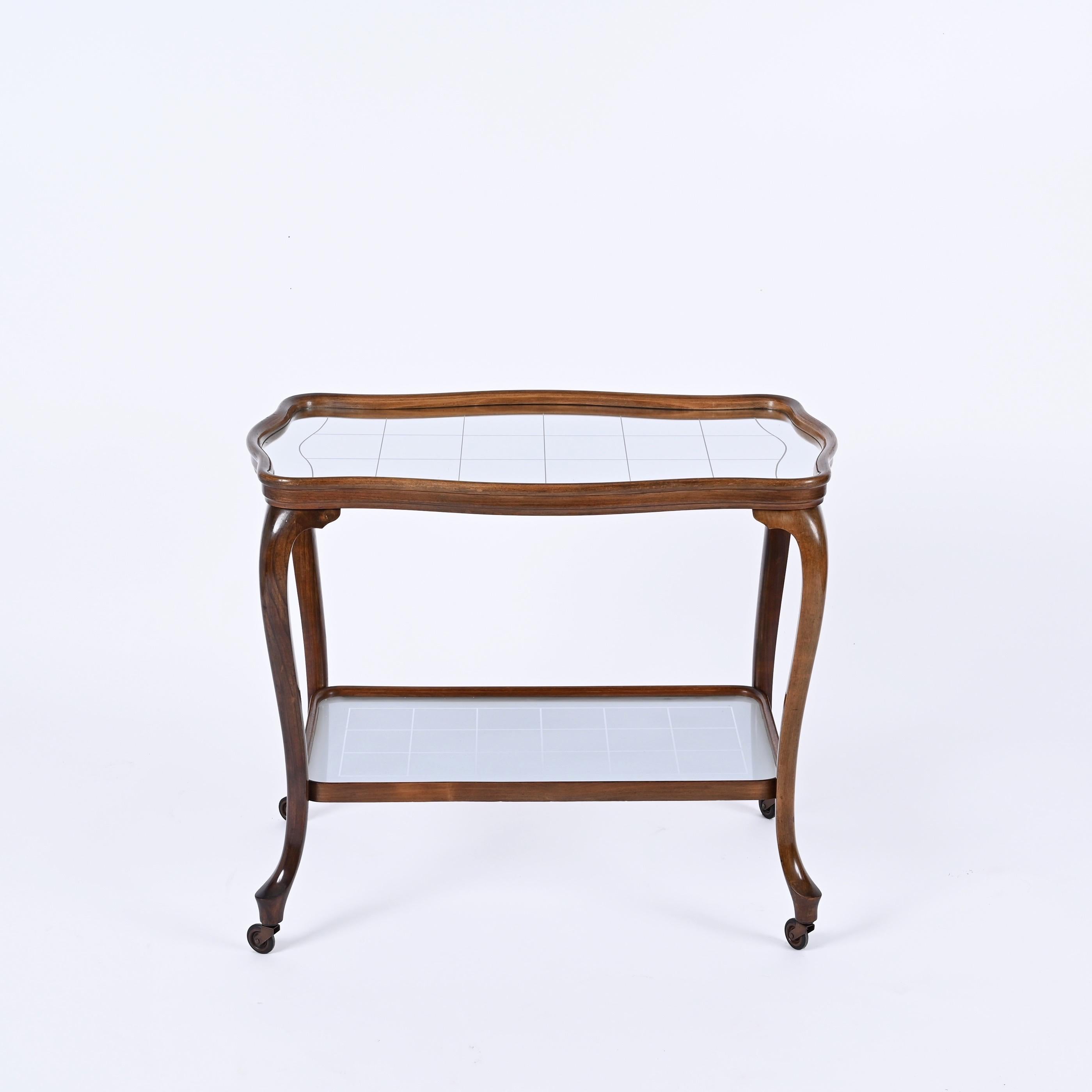 Louis XV Style Bar Cart in Oak with Mirror Top and Glass, Italy 1930s For Sale 5