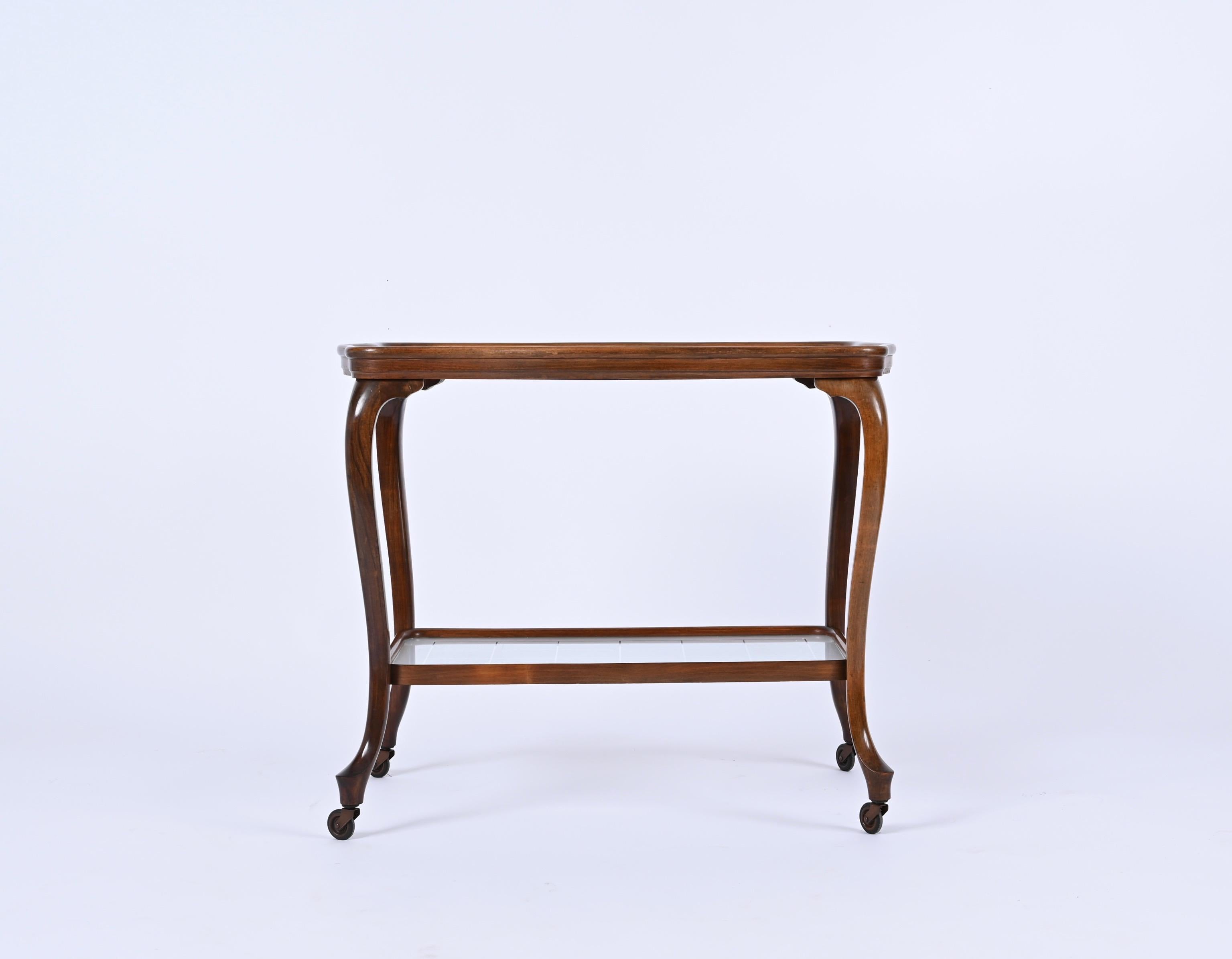 Louis XV Style Bar Cart in Oak with Mirror Top and Glass, Italy 1930s For Sale 8