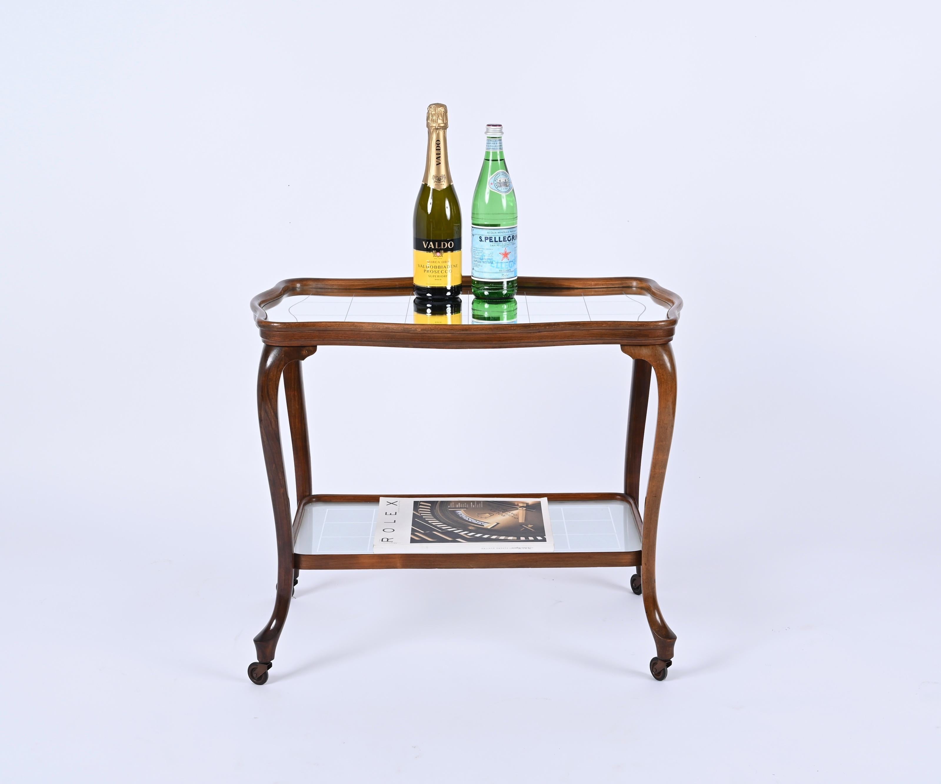 Italian Louis XV Style Bar Cart in Oak with Mirror Top and Glass, Italy 1930s For Sale