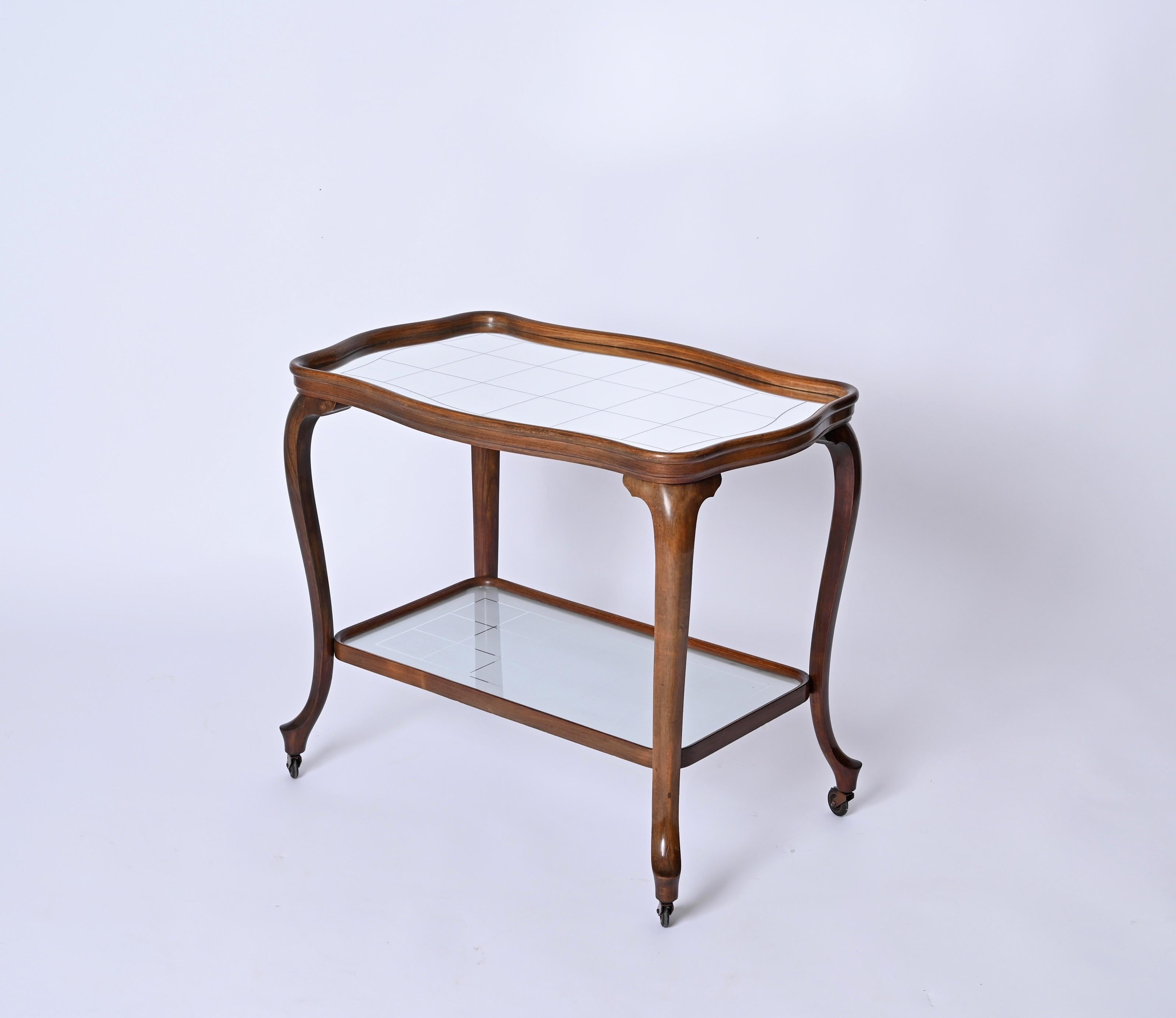 Louis XV Style Bar Cart in Oak with Mirror Top and Glass, Italy 1930s In Good Condition For Sale In Roma, IT
