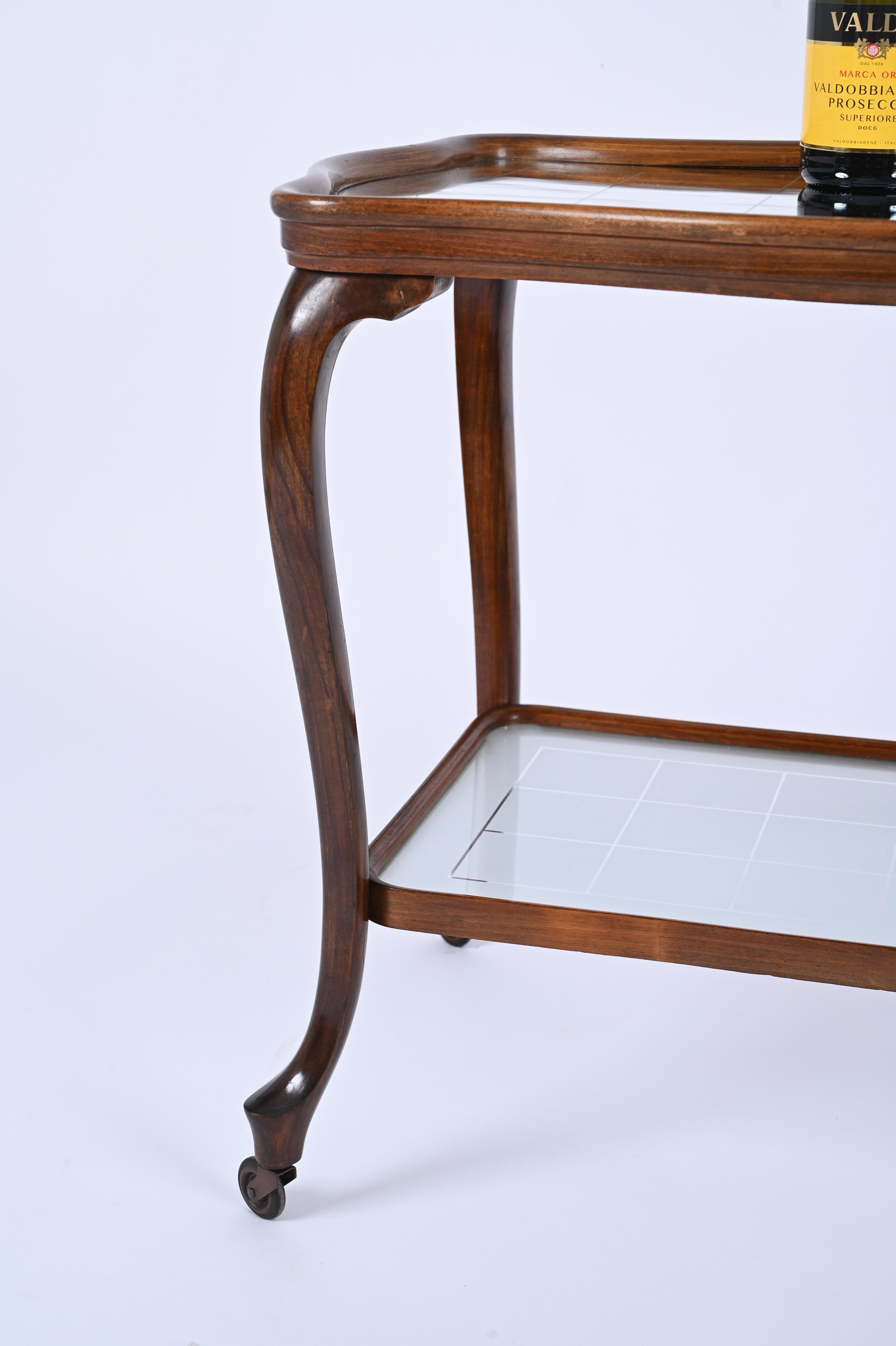 Mid-20th Century Louis XV Style Bar Cart in Oak with Mirror Top and Glass, Italy 1930s For Sale
