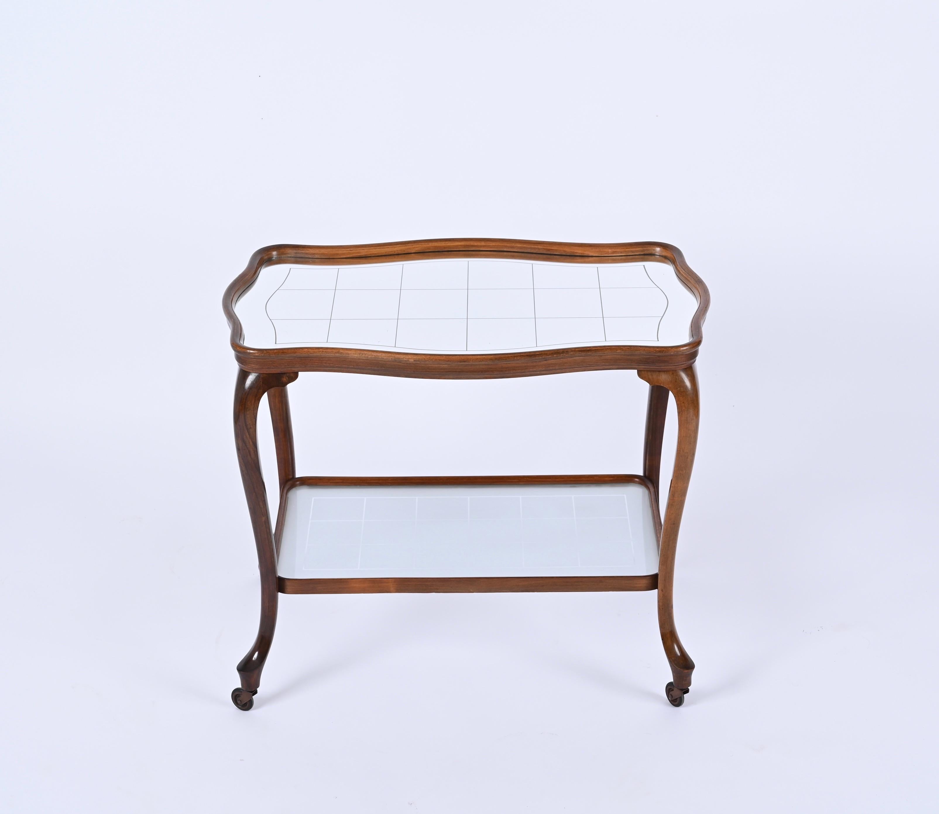 Louis XV Style Bar Cart in Oak with Mirror Top and Glass, Italy 1930s For Sale 2
