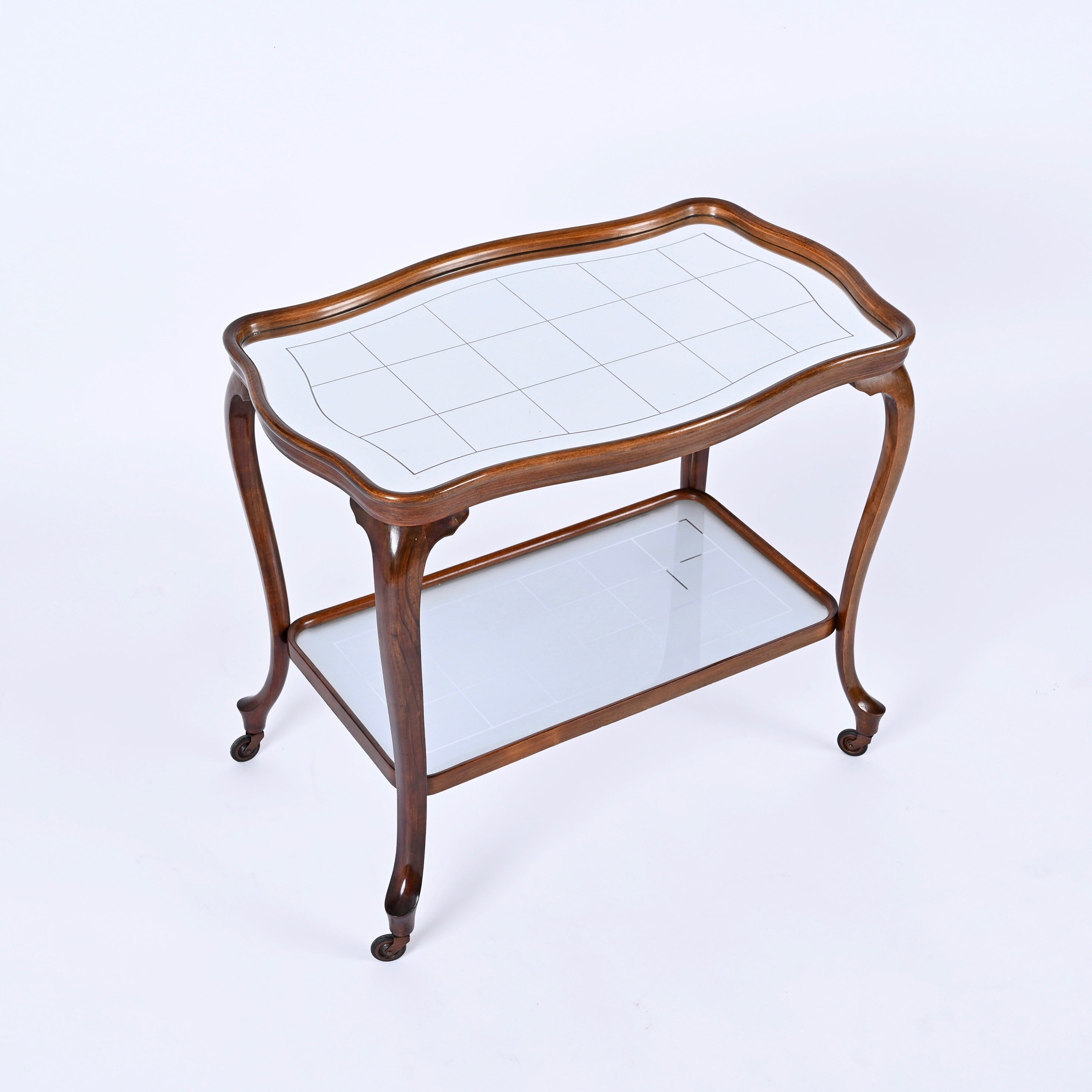 Louis XV Style Bar Cart in Oak with Mirror Top and Glass, Italy 1930s For Sale 4