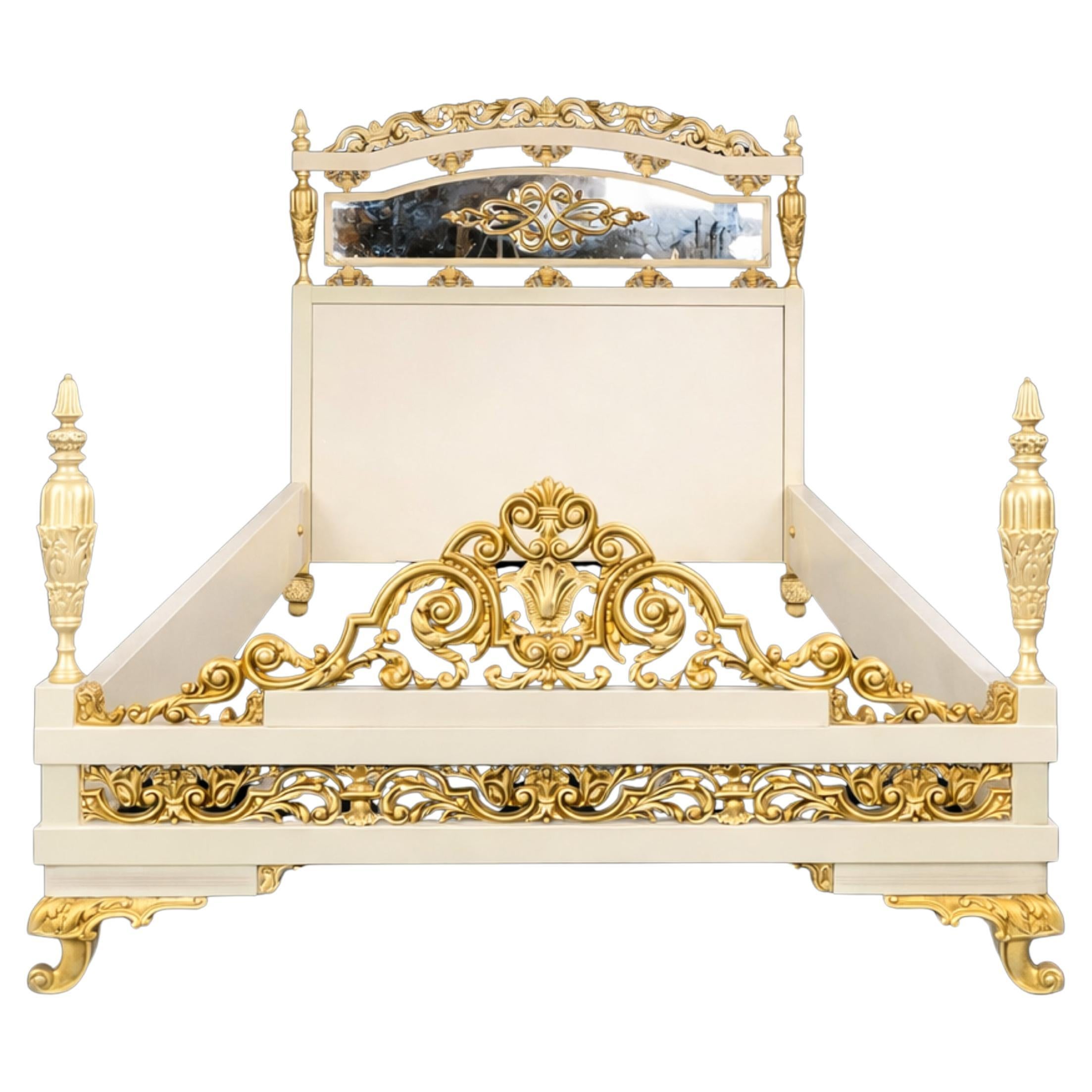 Louis XV Style Bed – Off-White Lacquer, Gilded Bronze Details, 20th Century For Sale