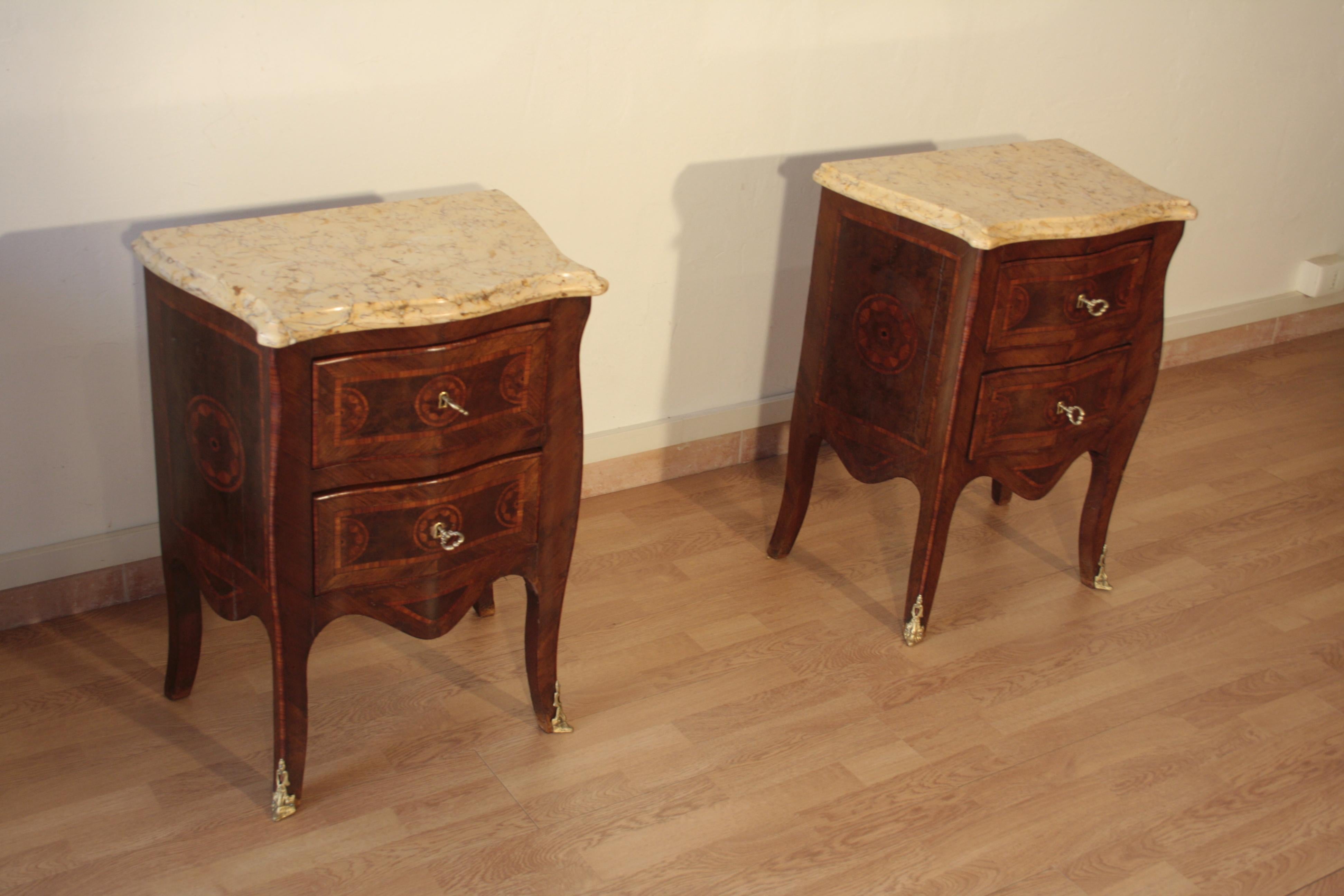 20th Century Louis XV Style Bedside Tables, 1920s Set of 2 Classical Walnut Oak Various Woods For Sale