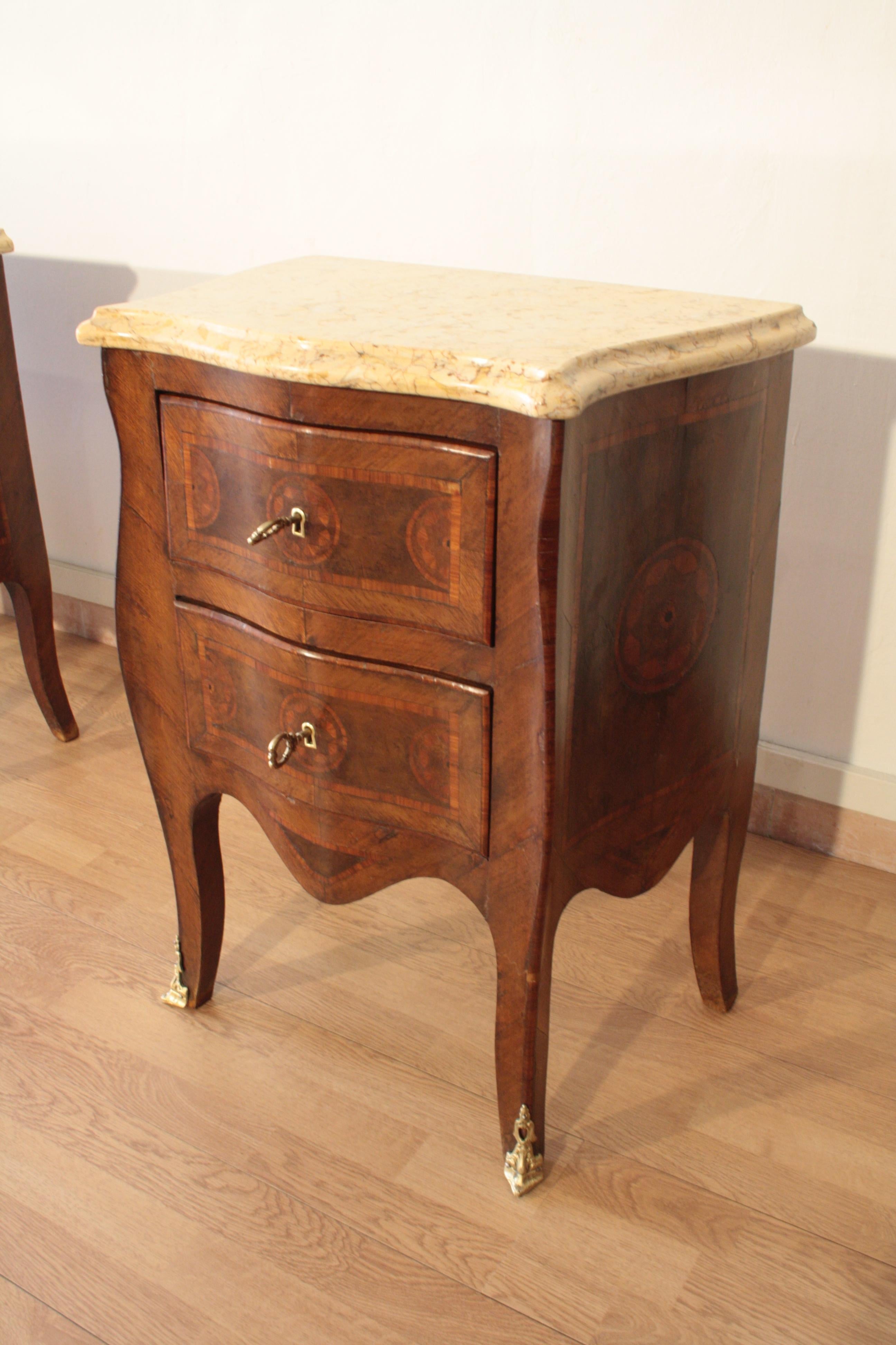 Brass Louis XV Style Bedside Tables, 1920s Set of 2 Classical Walnut Oak Various Woods For Sale