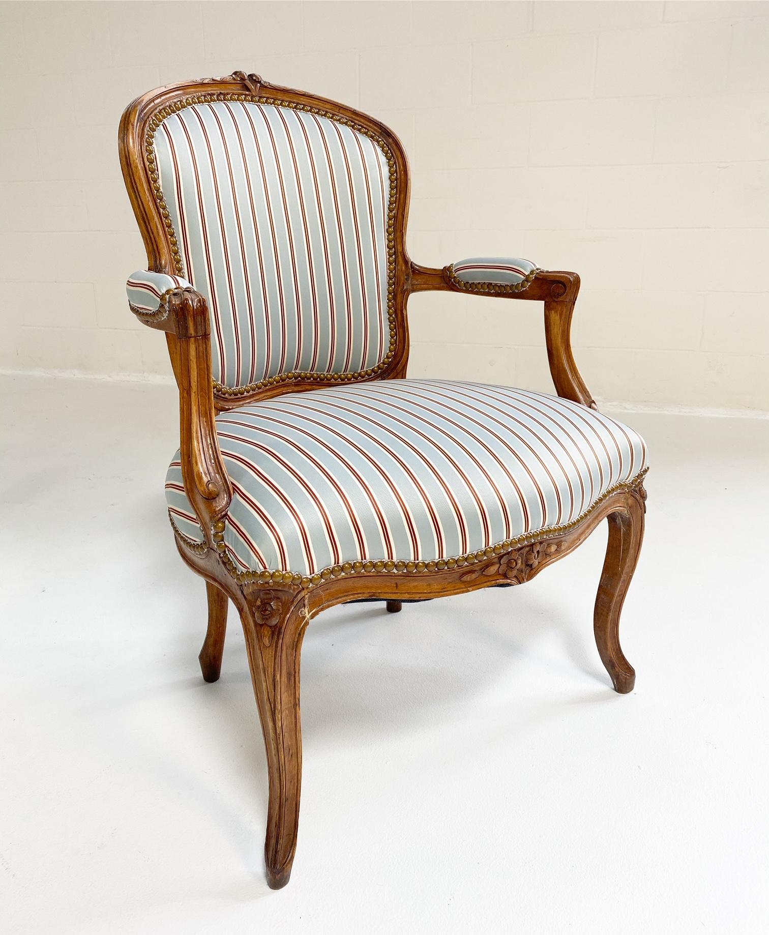 French Louis XV Style Beech Fauteuils in Dedar Silk Stripe, Pair For Sale