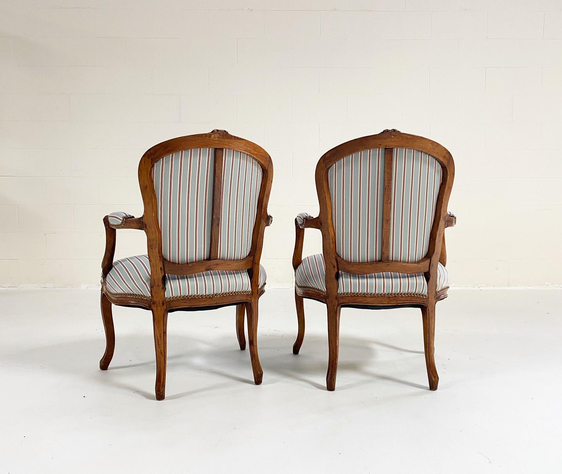 18th Century and Earlier Louis XV Style Beech Fauteuils in Dedar Silk Stripe, Pair For Sale