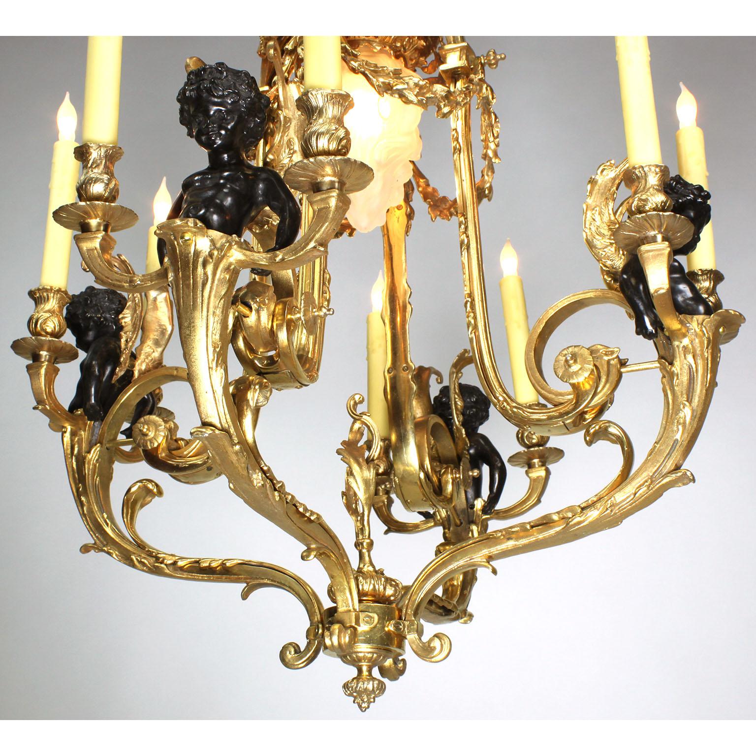 Louis XV Style Belle Époque Gilt & Patinated Bronze Nine-Light Cherub Chandelier For Sale 1