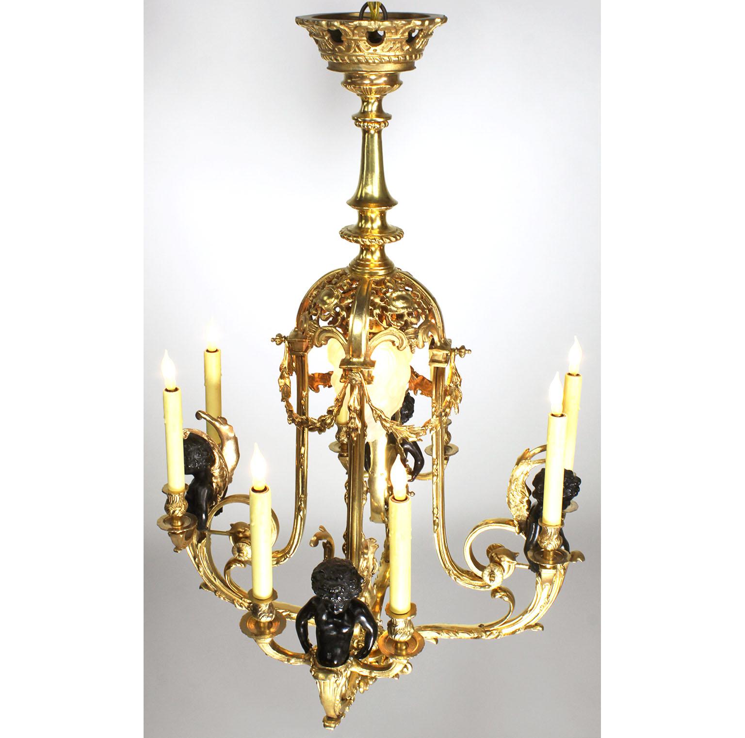 Louis XV Style Belle Époque Gilt & Patinated Bronze Nine-Light Cherub Chandelier For Sale 3