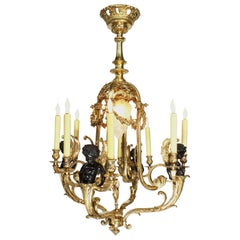 Antique Louis XV Style Belle Époque Gilt & Patinated Bronze Nine-Light Cherub Chandelier