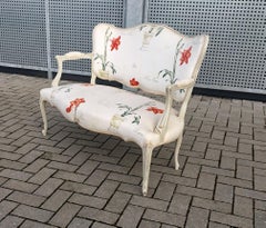 Louis XV Style Bench in Rechampi Wood, Flower Fabric