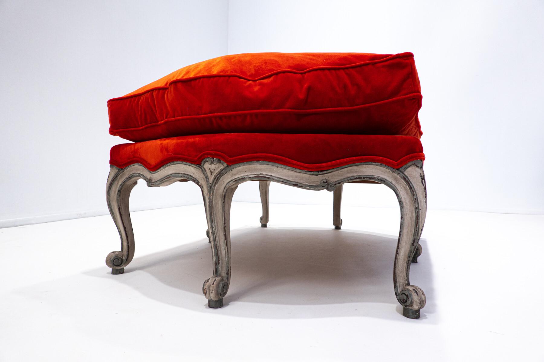 Louis XV Style Bench, Red Velvet, Belgium In Good Condition For Sale In Brussels, BE