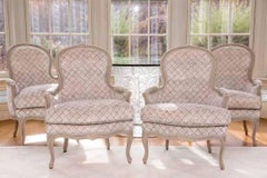 Louis XV Style, Bergère Chairs, Grey Painted Wood, Fabric, France, 1890