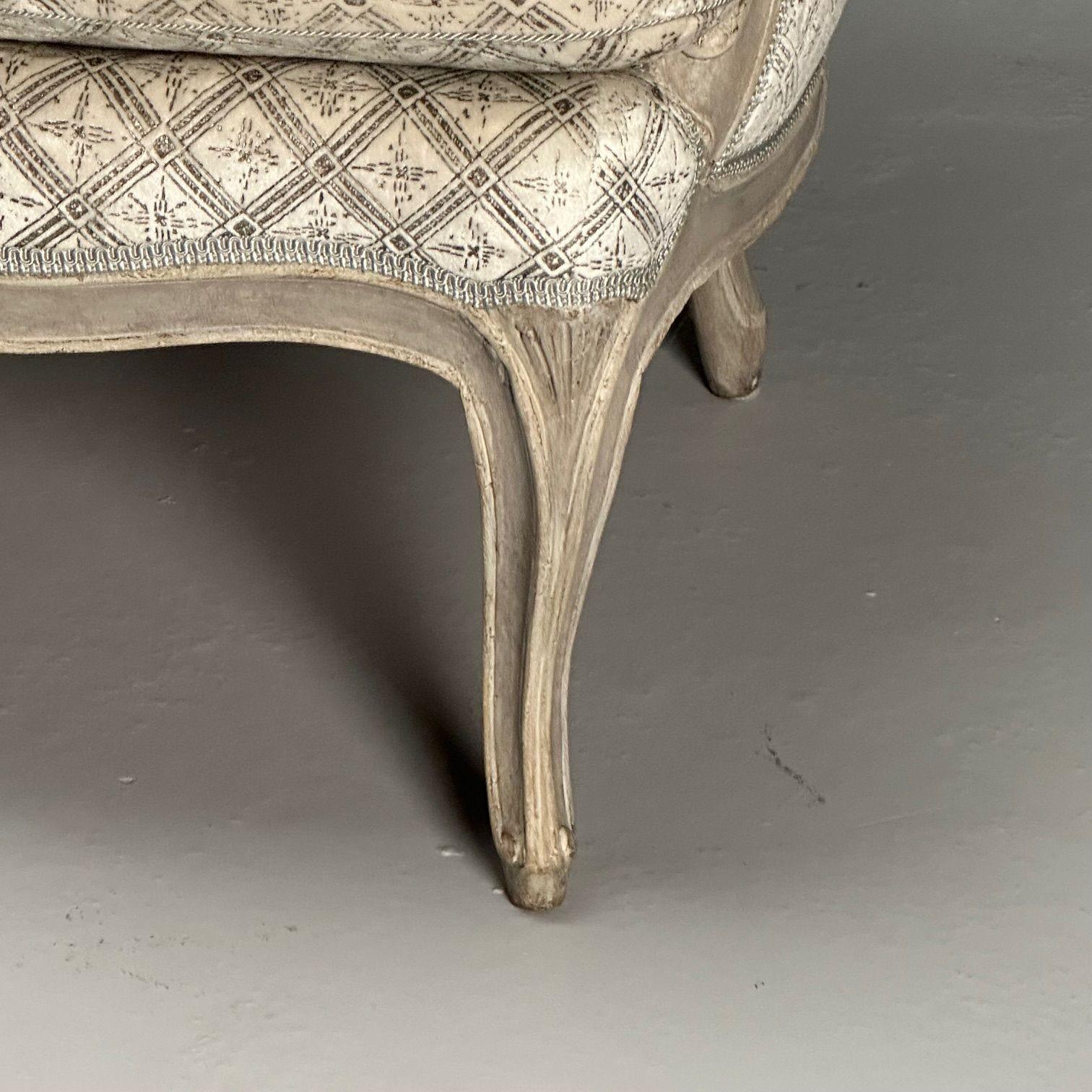 Louis XV Style, Bergère Chairs, Grey Painted Wood, Fabric, France, 1970s For Sale 5