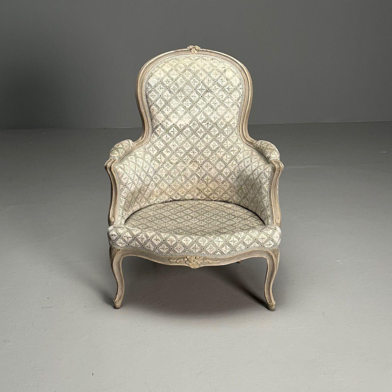 Louis XV Style, Bergère Chairs, Grey Painted Wood, Fabric, France, 1970s For Sale 7