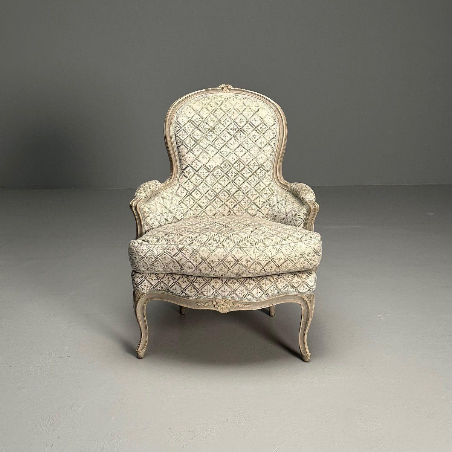 Louis XV Style, Bergère Chairs, Grey Painted Wood, Fabric, France, 1970s For Sale 8