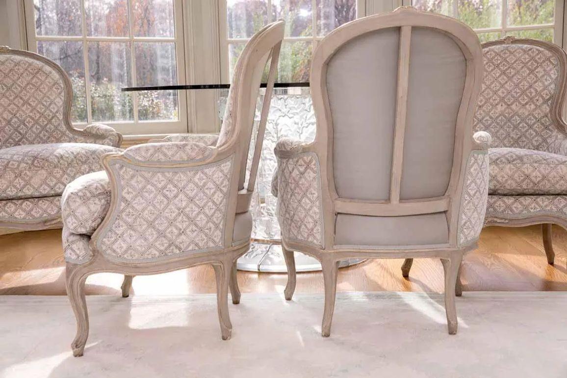 Louis XV Style, Bergère Chairs, Grey Painted Wood, Fabric, France, 1970s For Sale 14