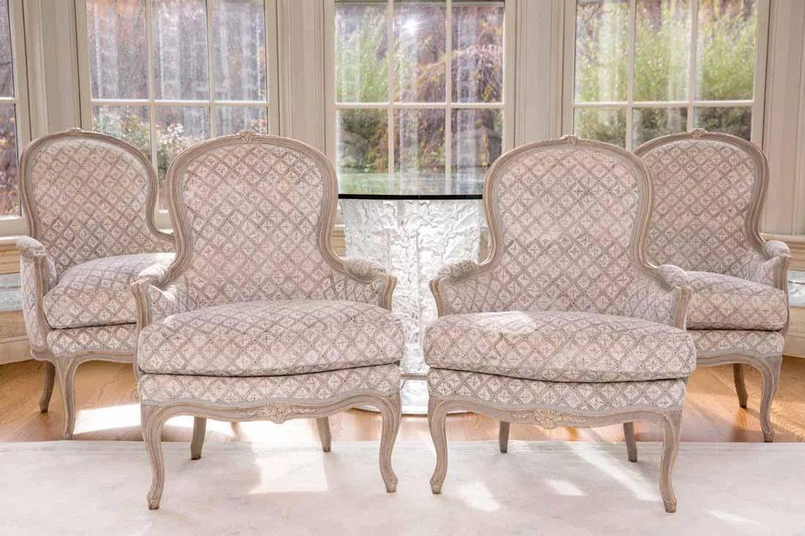 Louis XV Style, Bergère Chairs, Grey Painted Wood, Fabric, France, 1970s For Sale 15