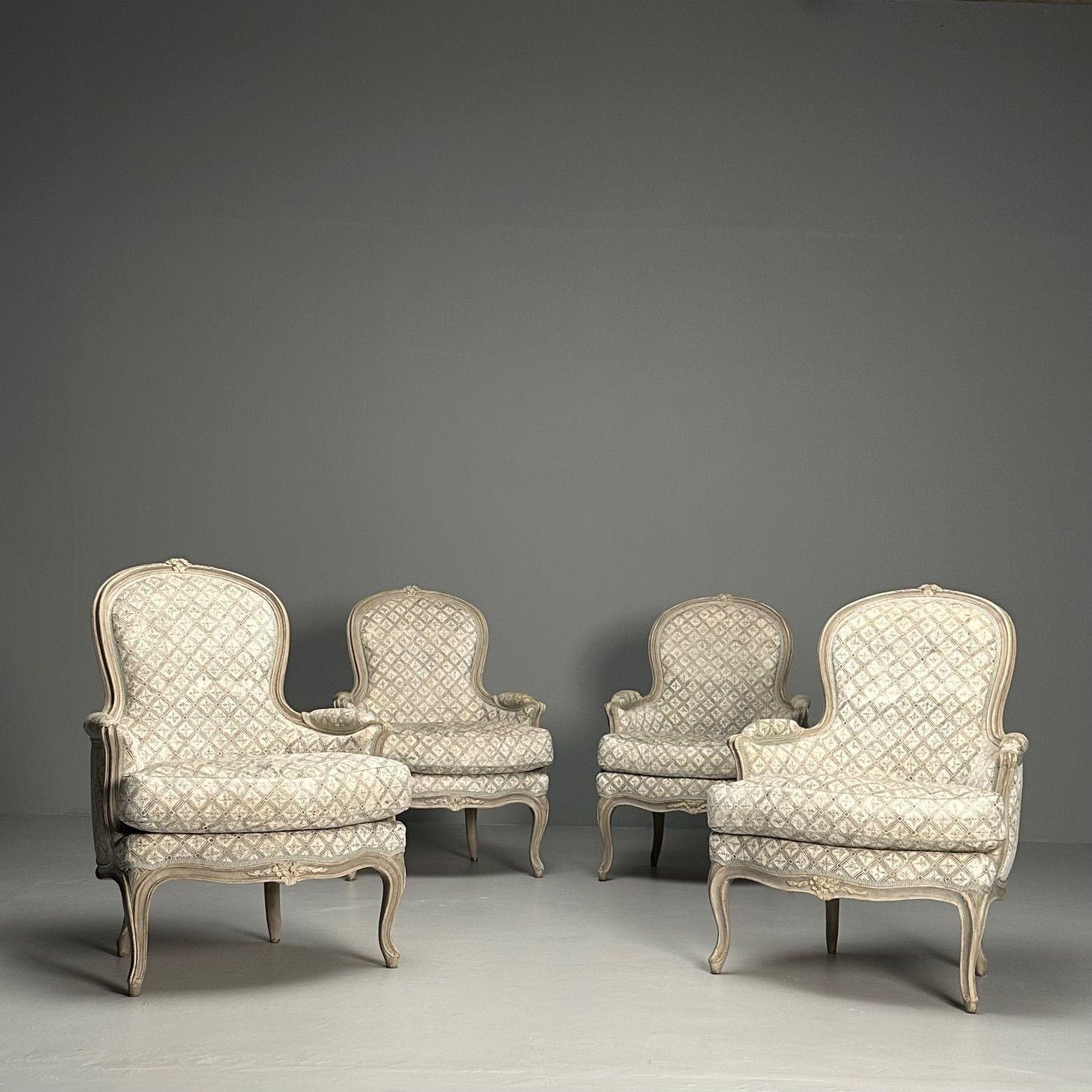 French Louis XV Style, Bergère Chairs, Grey Painted Wood, Fabric, France, 1970s For Sale