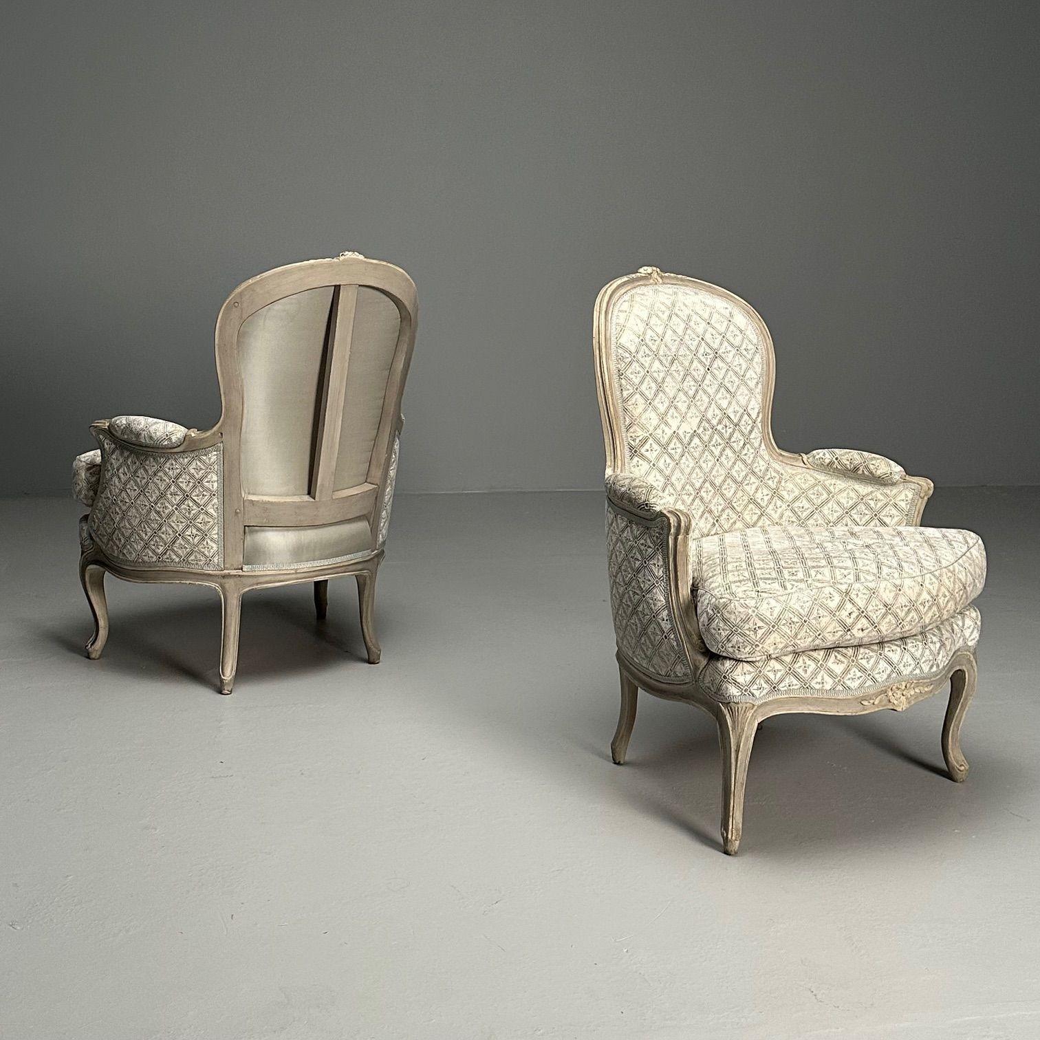 19th Century Louis XV Style, Bergère Chairs, Grey Painted Wood, Fabric, France, 1970s For Sale