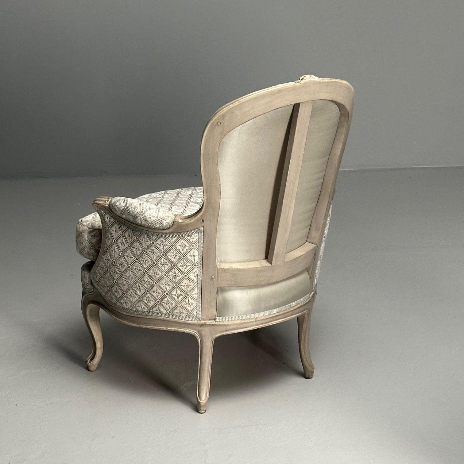 Louis XV Style, Bergère Chairs, Grey Painted Wood, Fabric, France, 1970s For Sale 2