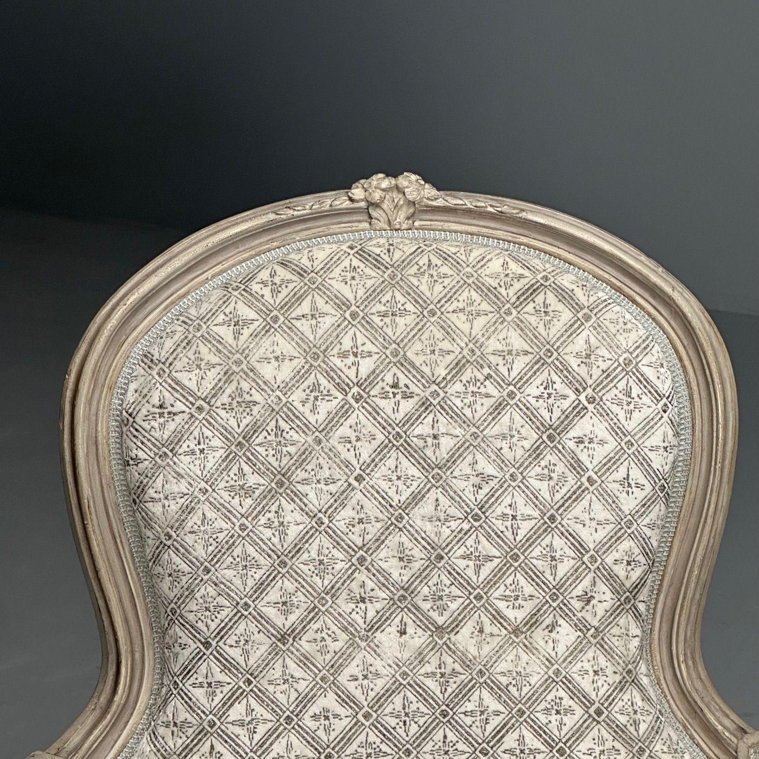 Louis XV Style, Bergère Chairs, Grey Painted Wood, Fabric, France, 1970s For Sale 3