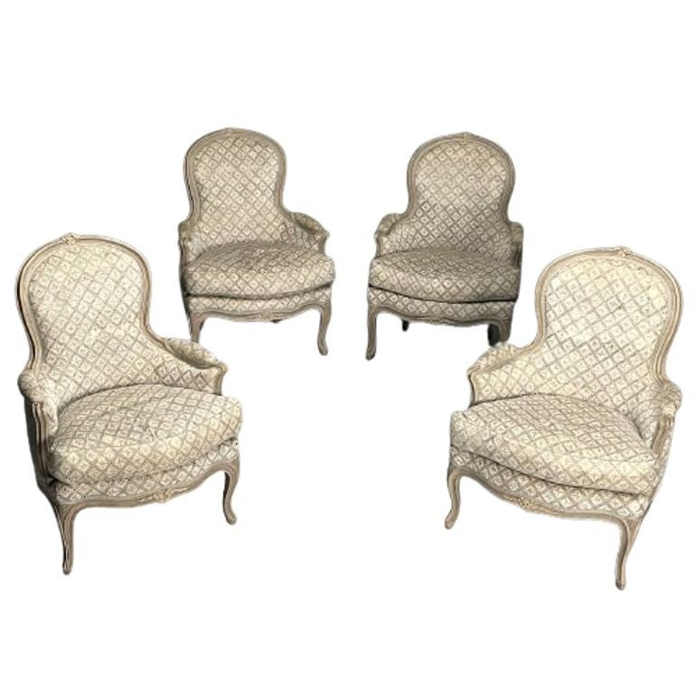 Louis XV Style, Bergère Chairs, Grey Painted Wood, Fabric, France, 1970s For Sale