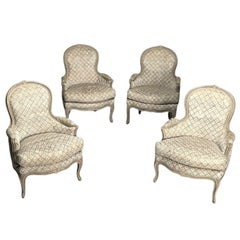 Antique Louis XV Style, Bergère Chairs, Grey Painted Wood, Fabric, France, 1970s