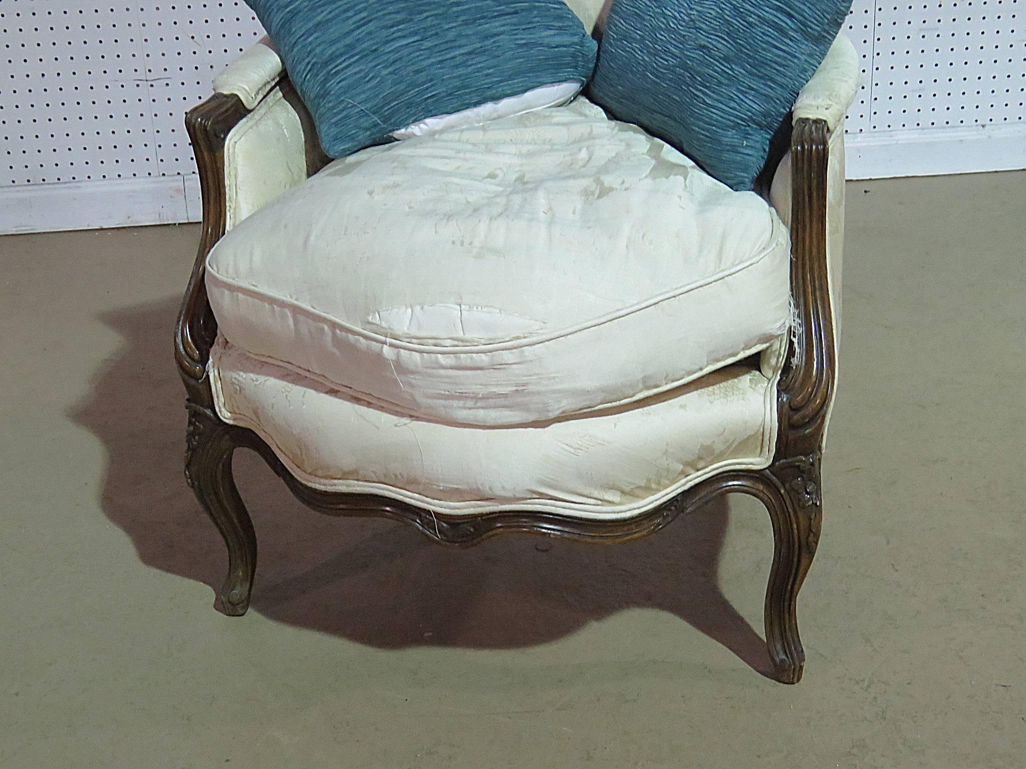 Louis XV style carved bergere with two throw pillows.