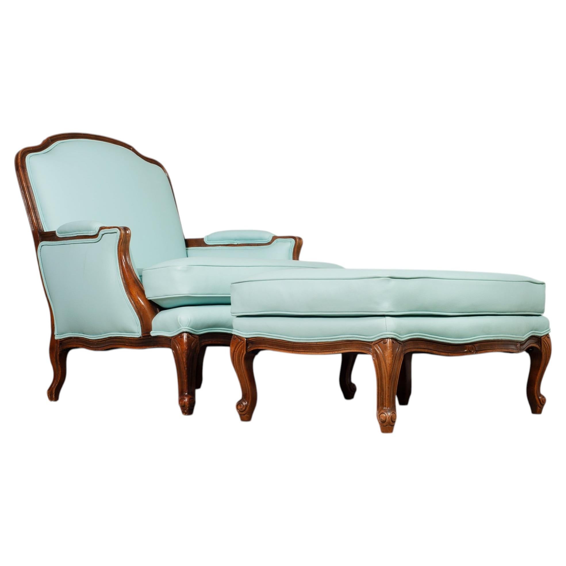 Louis XV Stil Bergère Sessel in Tiffany Blau + Ottomane