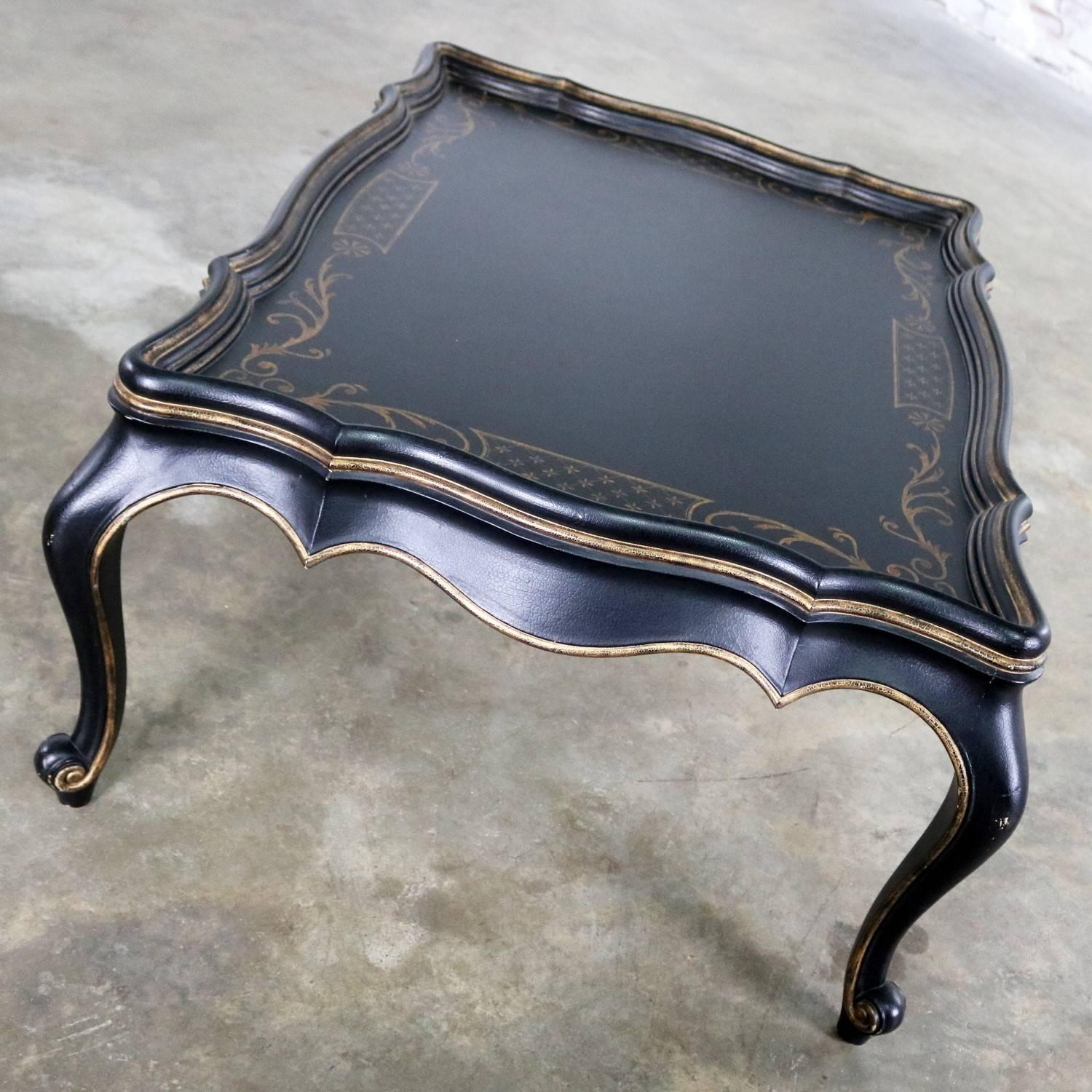 Painted Louis XV Style Black Coffee Table with Gilt Chinoiserie Details