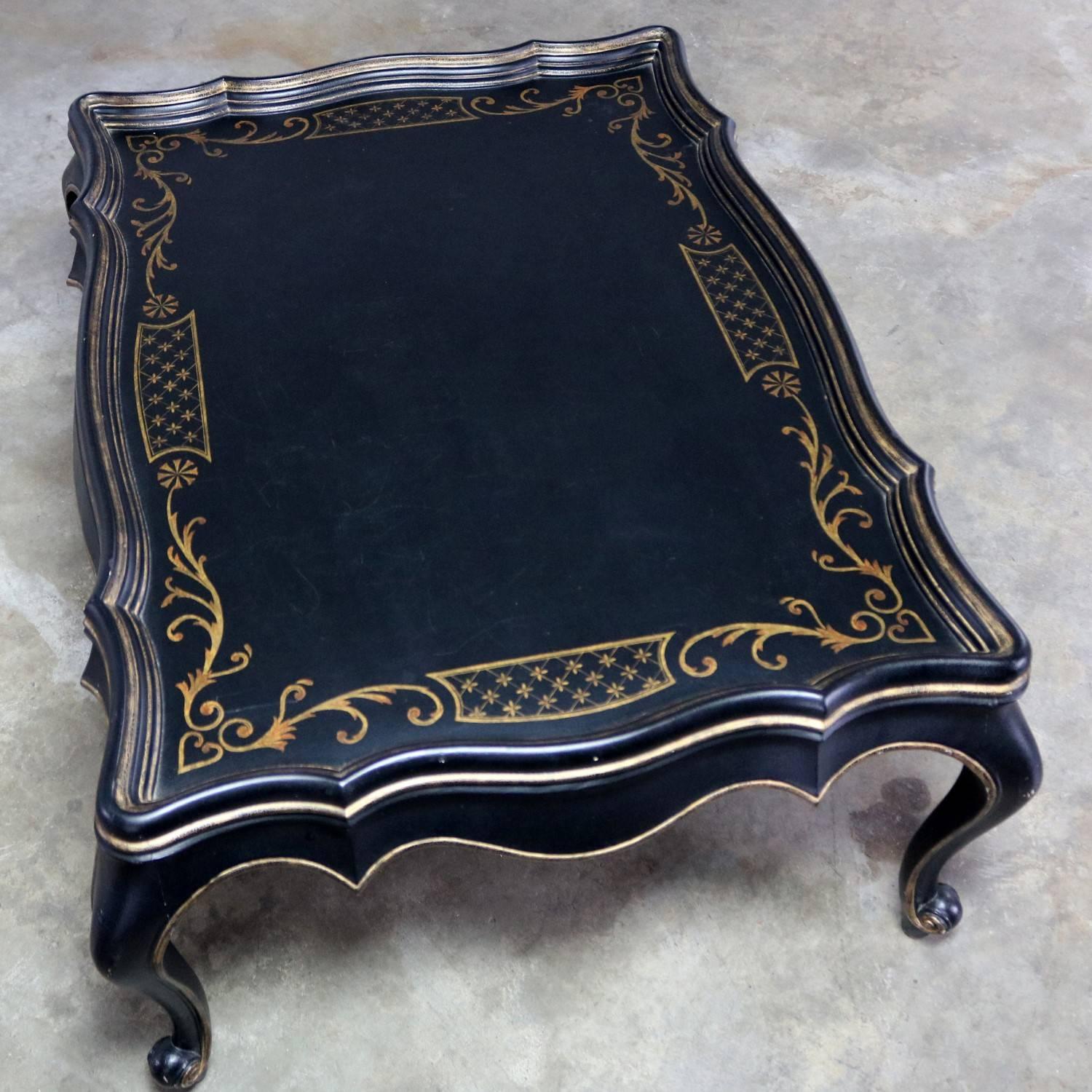 20th Century Louis XV Style Black Coffee Table with Gilt Chinoiserie Details