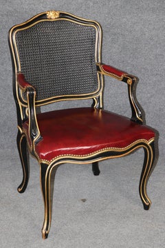 Louis XV Style Black Ebonized and Gold Cane Back Armchair by John Widdicomb
