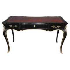 Louis XV Style Black Ebonized Brass Mounted Leather Top Desk By John Widdicomb