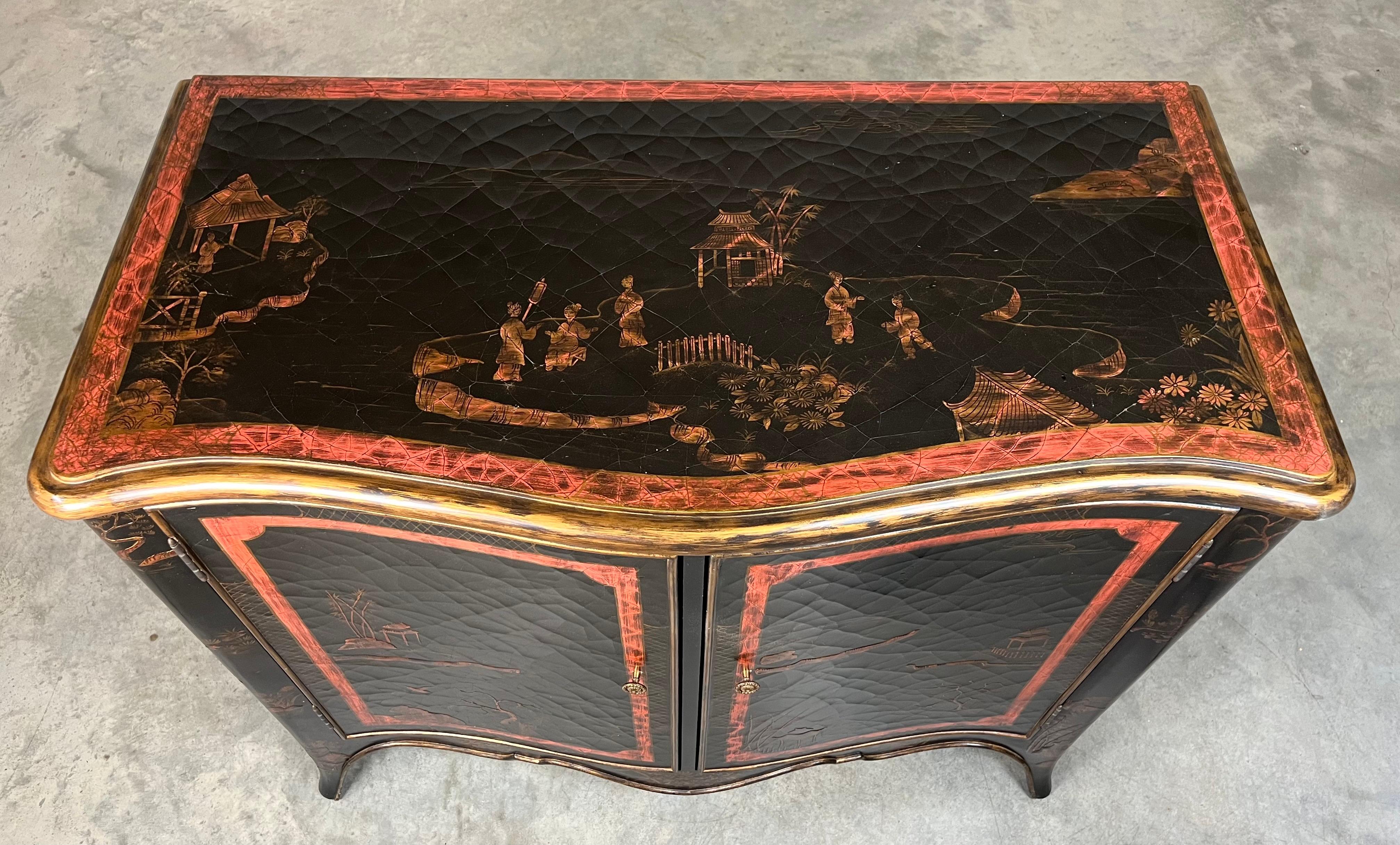 American Louis XV Style Black & Gold Chinoiserie Buffet Chest By Maitland Smith