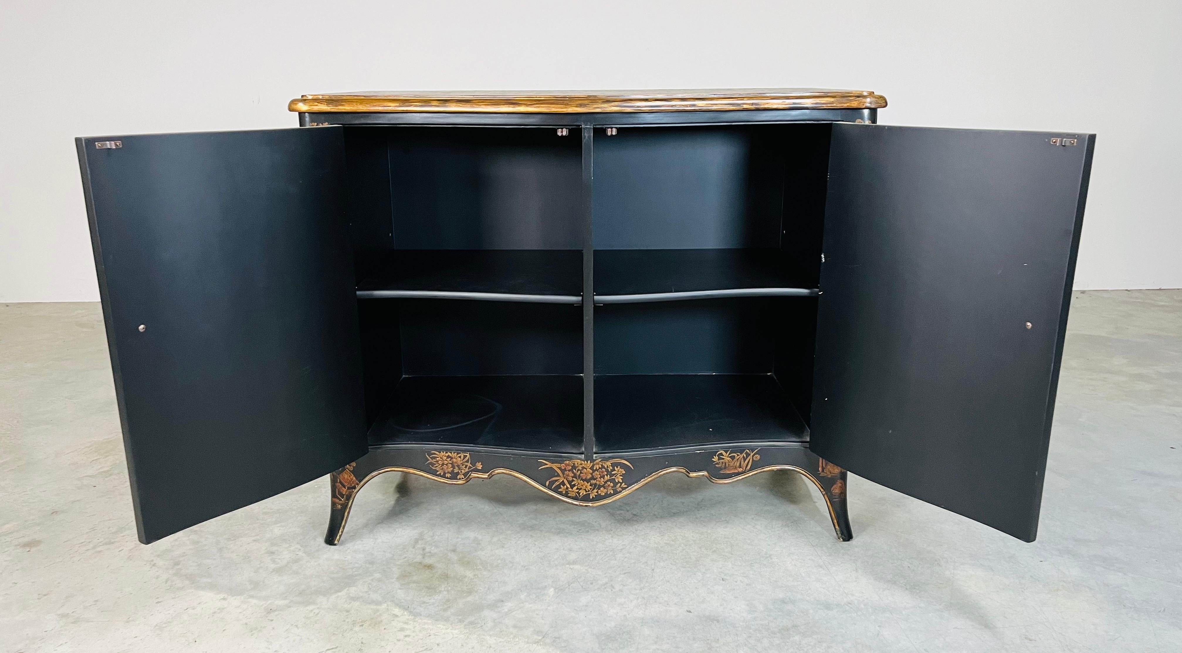 Hand-Painted Louis XV Style Black & Gold Chinoiserie Buffet Chest By Maitland Smith