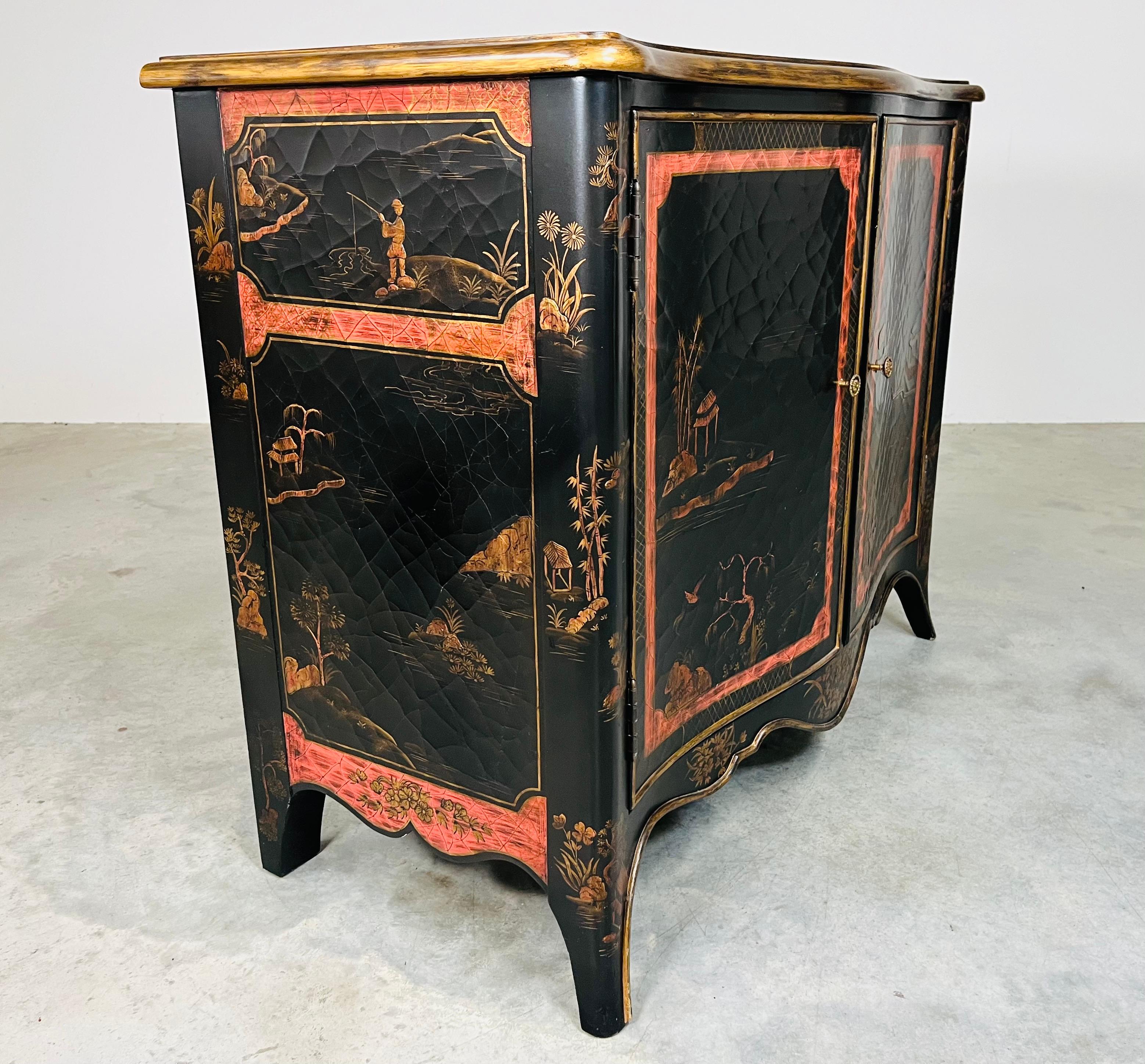 20th Century Louis XV Style Black & Gold Chinoiserie Buffet Chest By Maitland Smith