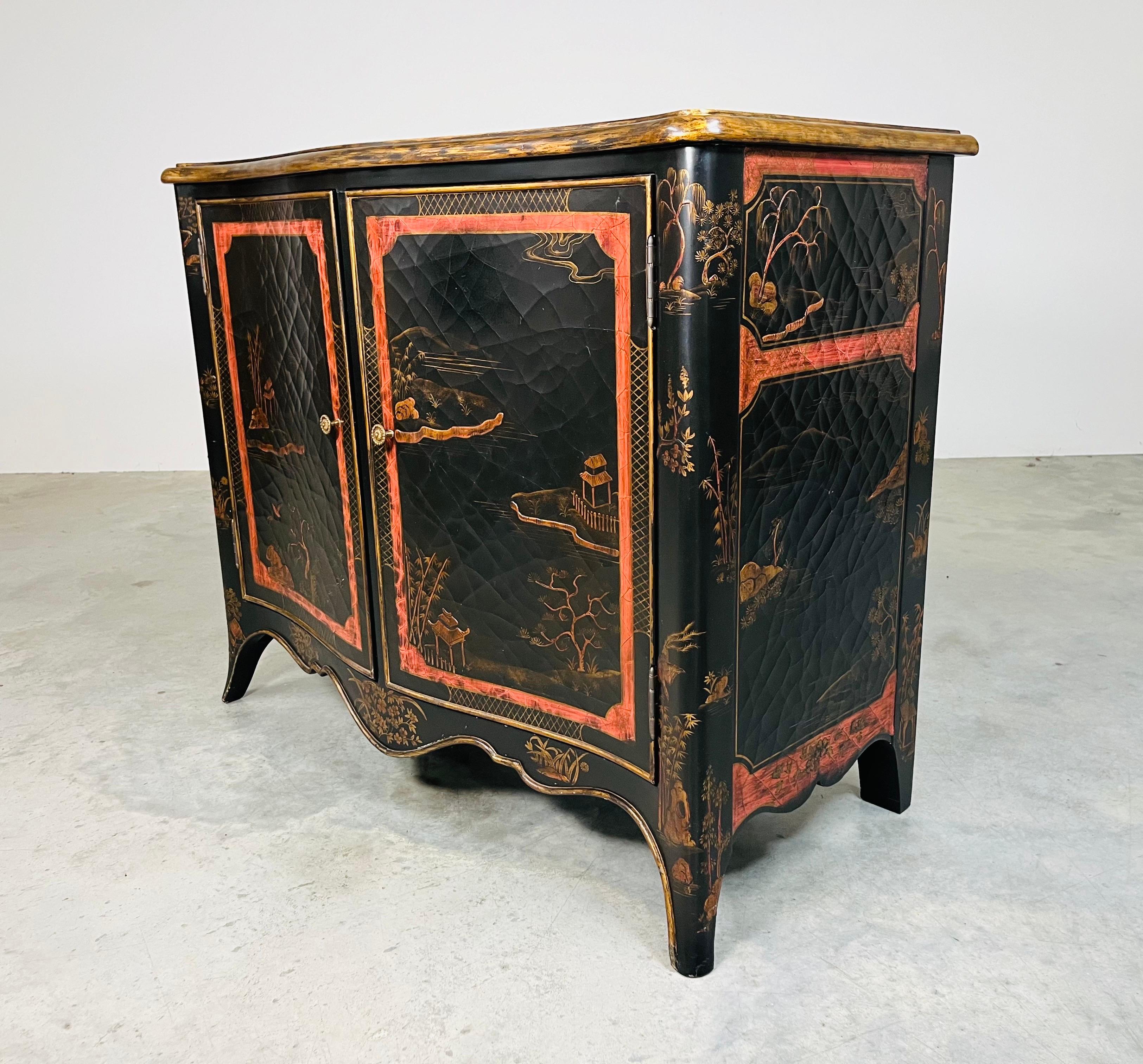 Brass Louis XV Style Black & Gold Chinoiserie Buffet Chest By Maitland Smith