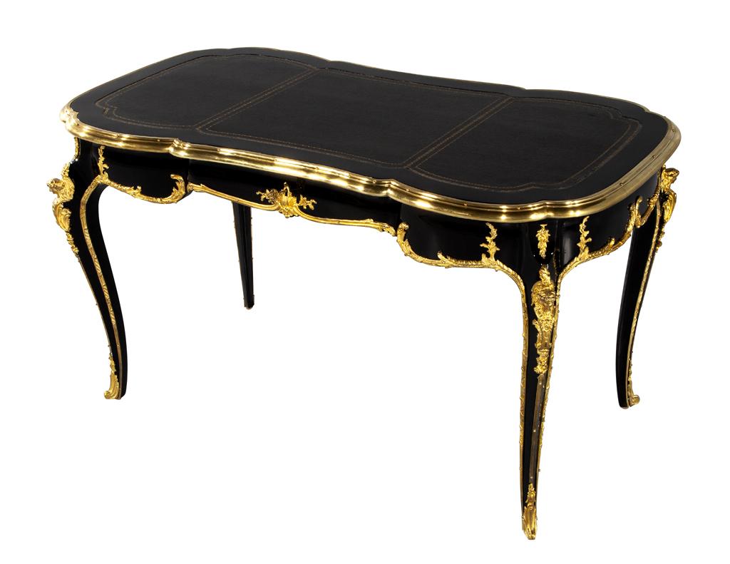 Louis XV Style Black Lacquer Leather Top Writing Desk  4