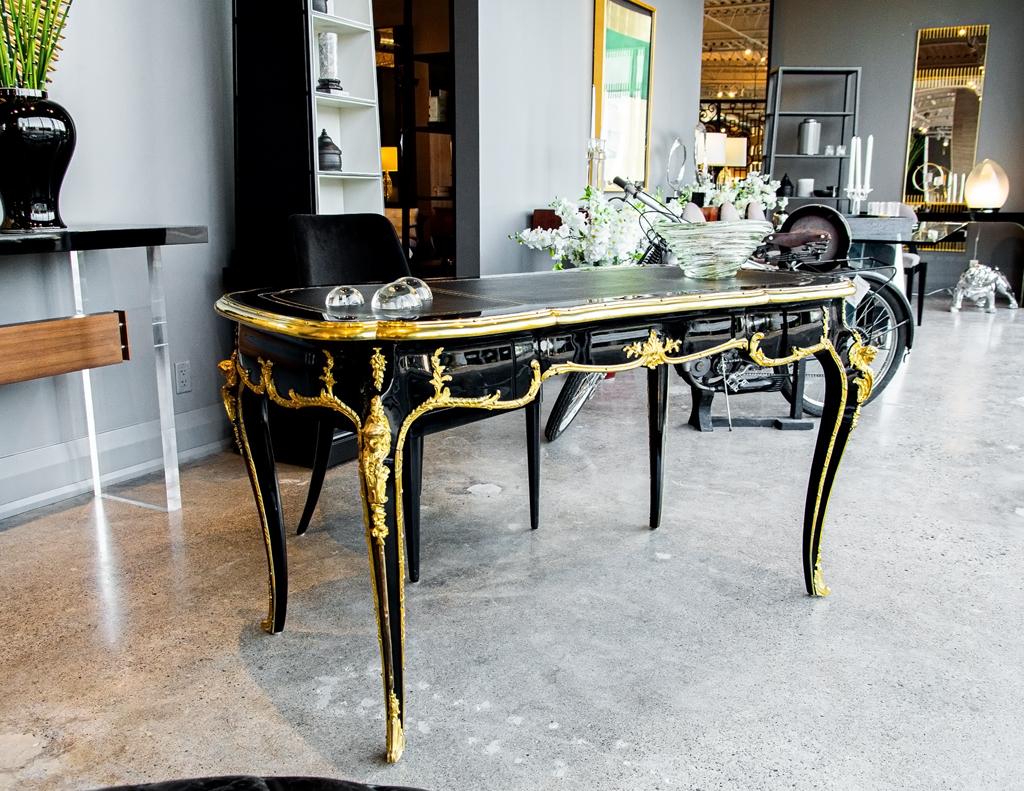 Louis XV Style Black Lacquer Leather Top Writing Desk  12