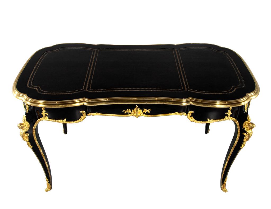 French Louis XV Style Black Lacquer Leather Top Writing Desk 