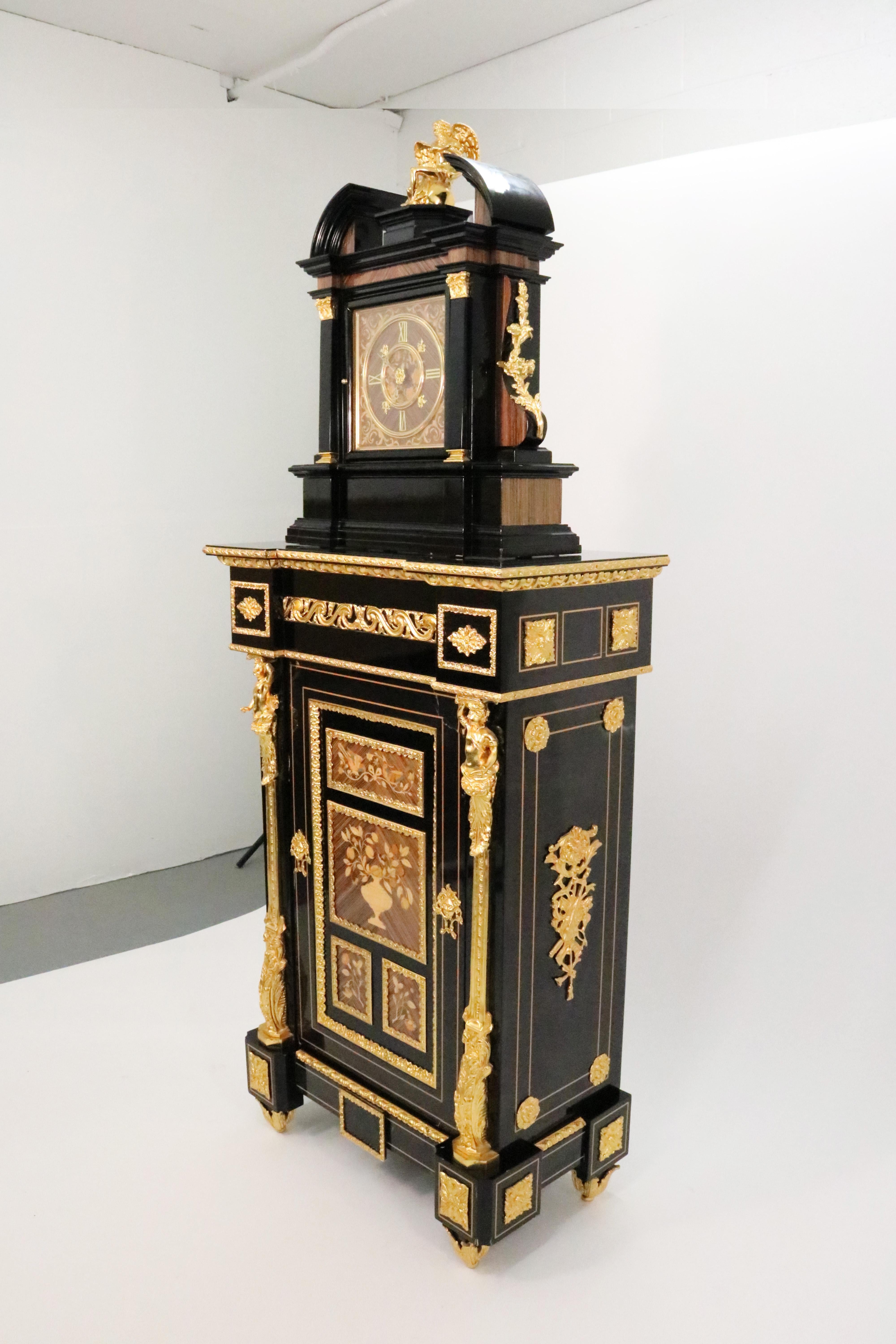 Italian Louis XV Style Black Lacquered Longcase Clock with Dore Bronze Ormolu Mountings For Sale