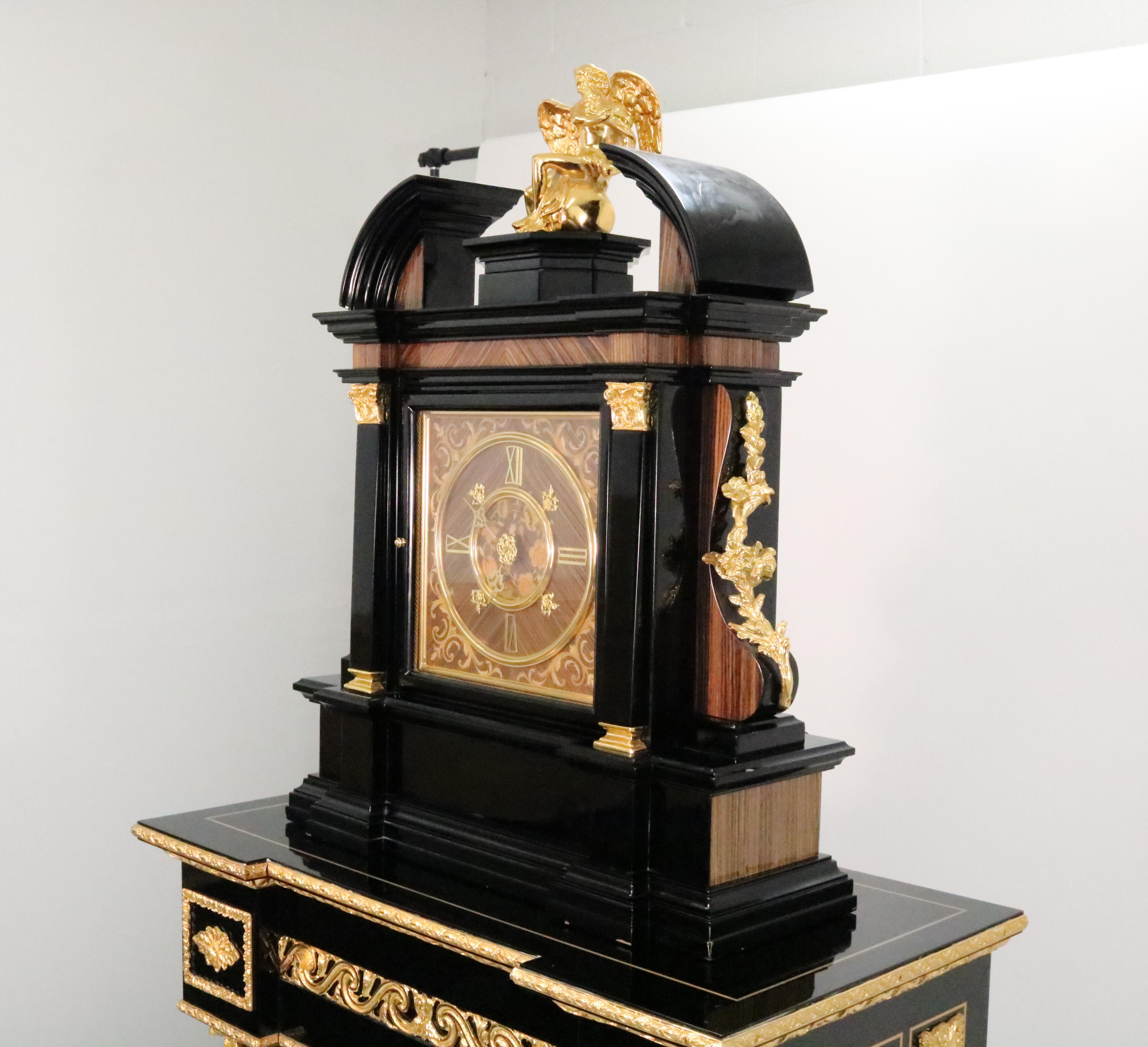 Gilt Louis XV Style Black Lacquered Longcase Clock with Dore Bronze Ormolu Mountings For Sale