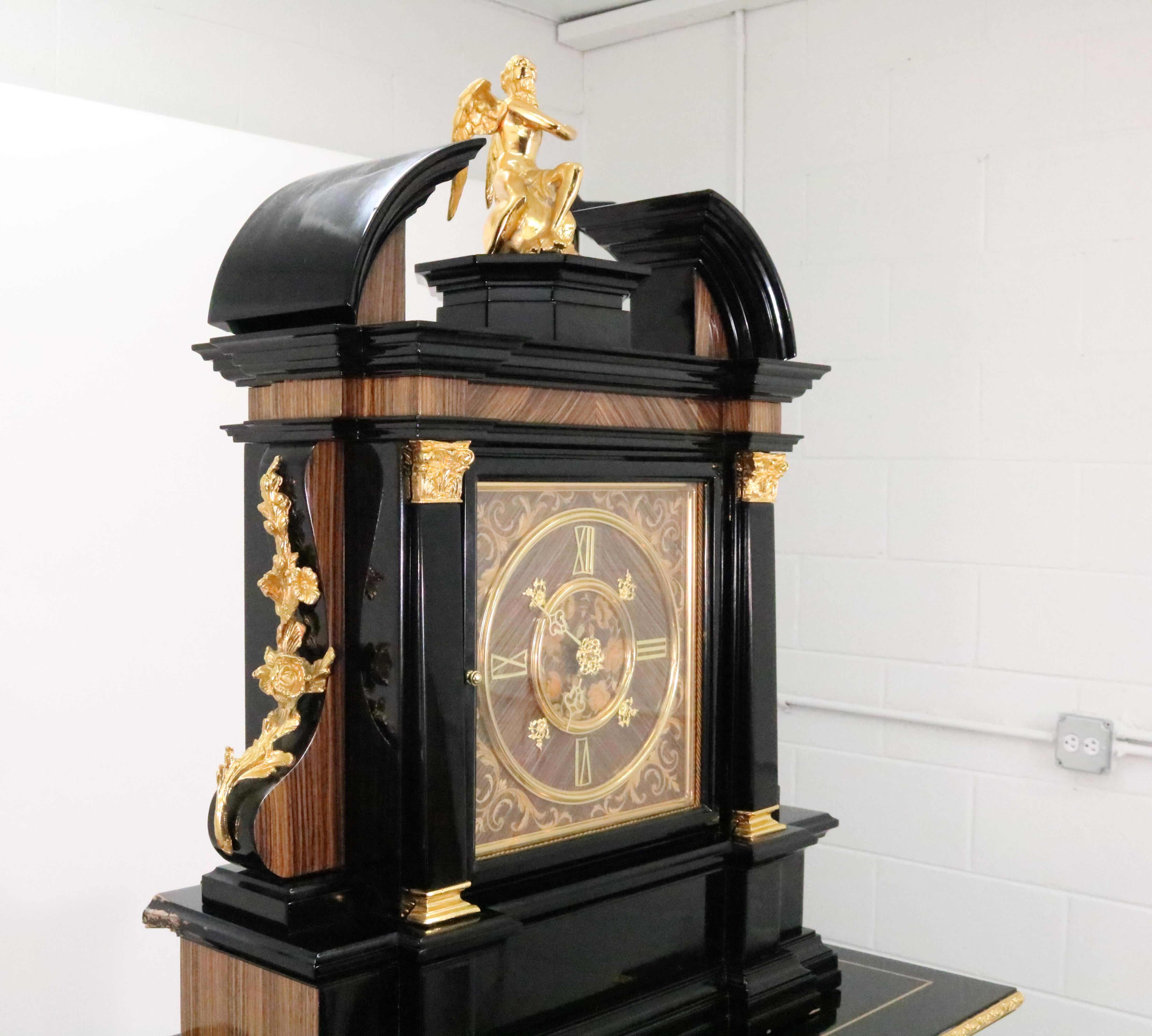 Louis XV Style Black Lacquered Longcase Clock with Dore Bronze Ormolu Mountings In Distressed Condition For Sale In Littleton, CO