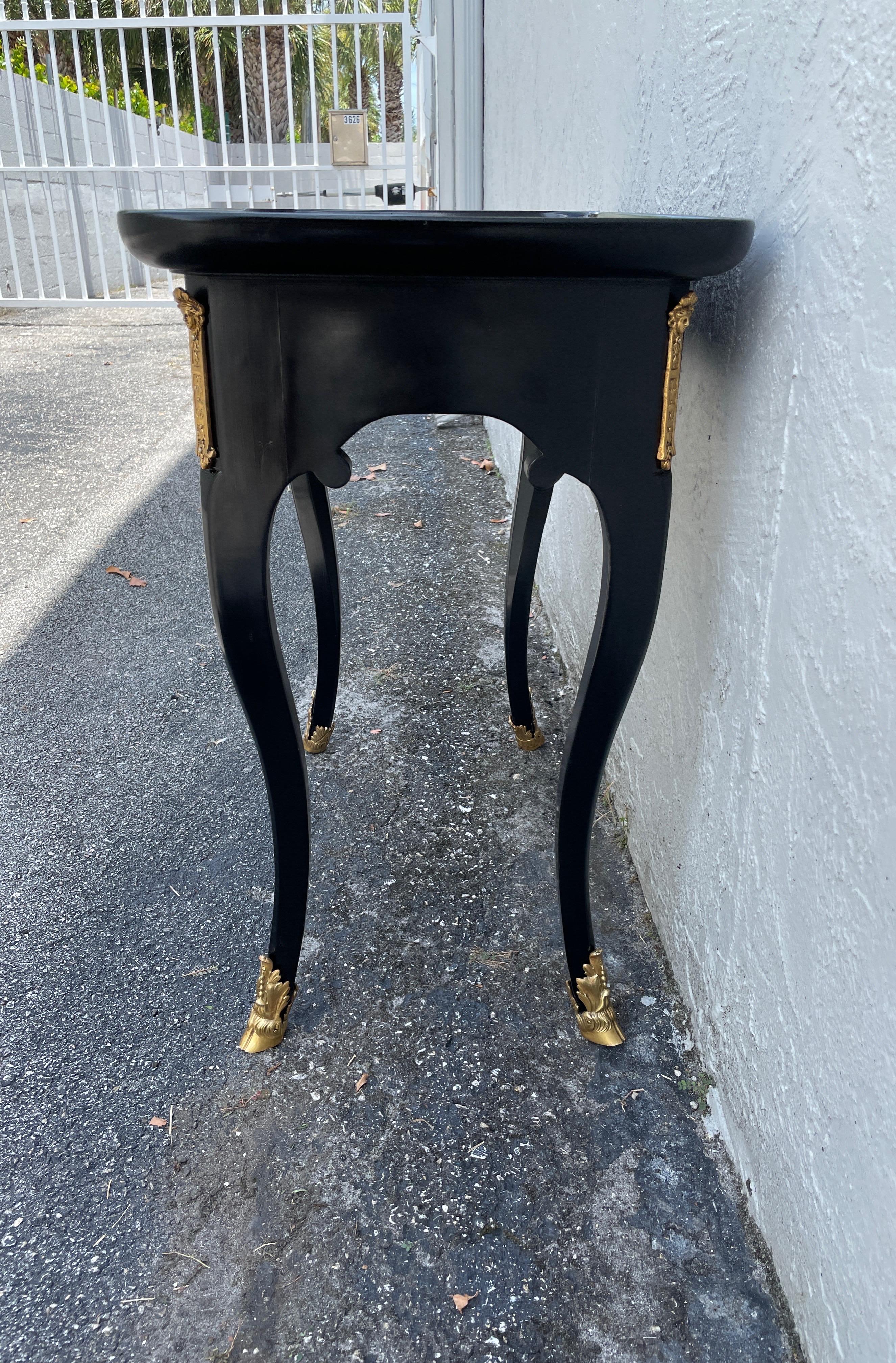 French Louis XV Style Black Lacquered Side Table with Hoof Feet For Sale